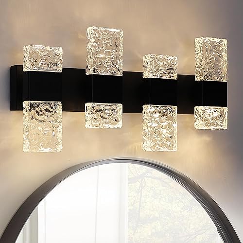 VINLUZ Lámparas LED de baño sobre espejo, 4 luces negras claras con pantalla de cristal, apliques clásicos de pared de baño de 32 W para armarios
