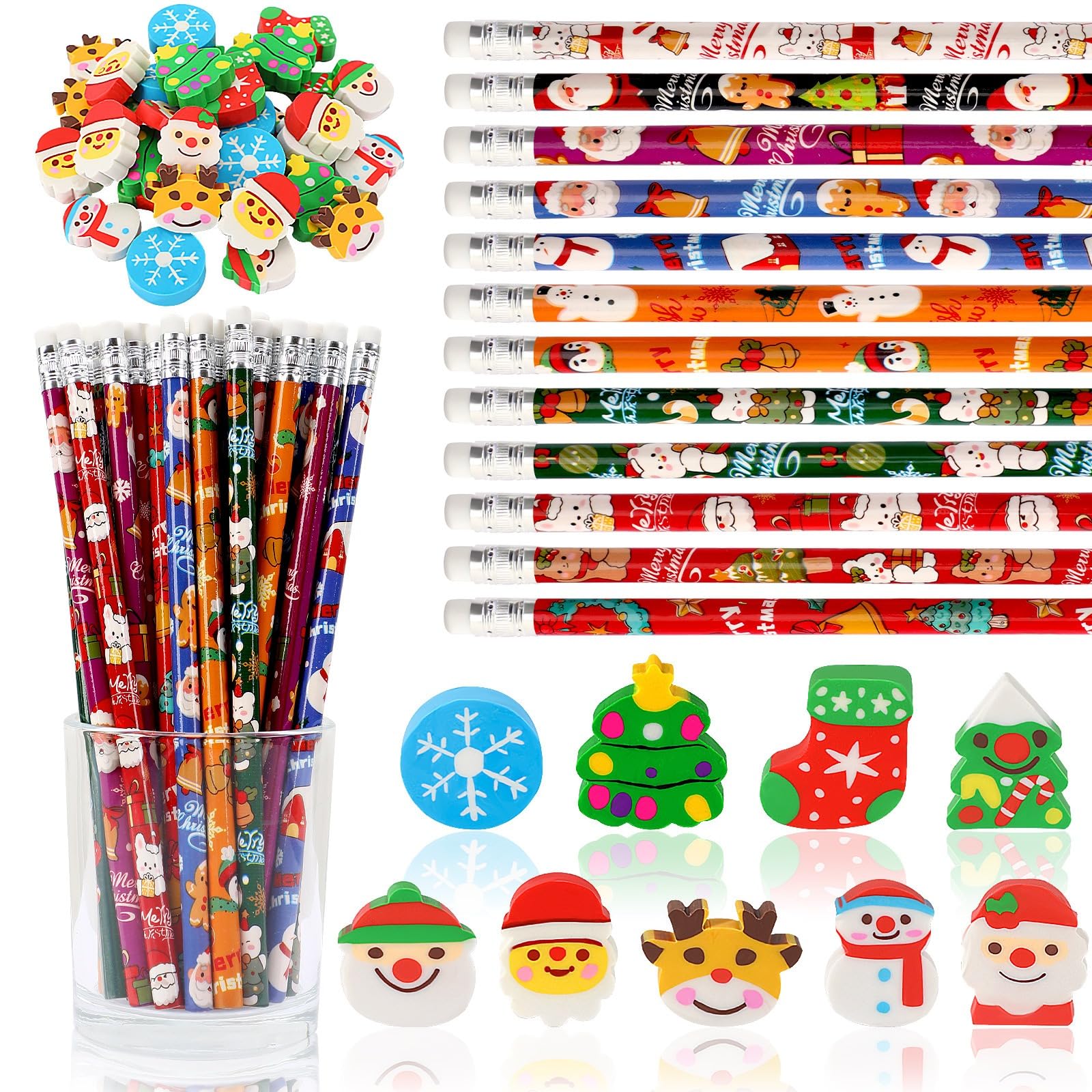 JULMELON 72PCS Christmas Party Favors Set, 36PCS Christmas Pencils with 36PCS Snowman Snowflake Santa Erasers, Pencils for School Classroom Winter
