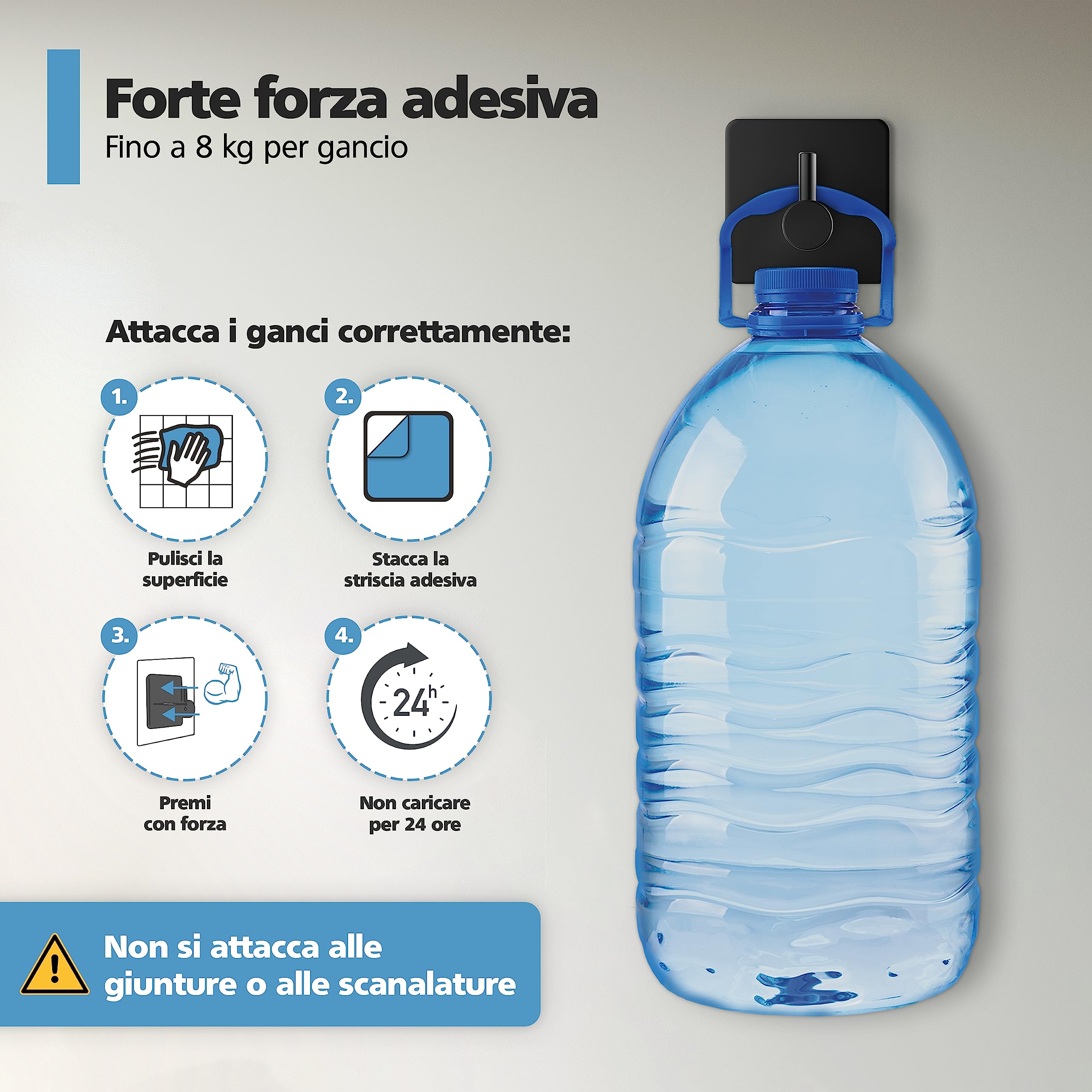 Ganci da parete auto-adesivi senza forare set di 4 in nero - Ganci adesivi idrorepellenti in acciaio inox - Fino a 8 kg - Ganci per asciugamani o accappatoi - Per bagno e cucina, ecc.
