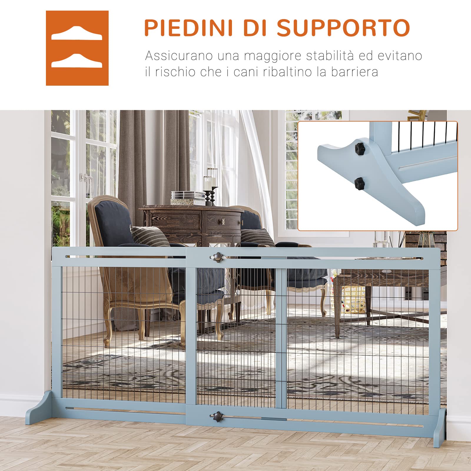 PawHut Cancelletto di Sicurezza per Cani in Legno e Acciaio, Cancellino per Cani Estensibile da Interno 104-180cm, Blu-grigio