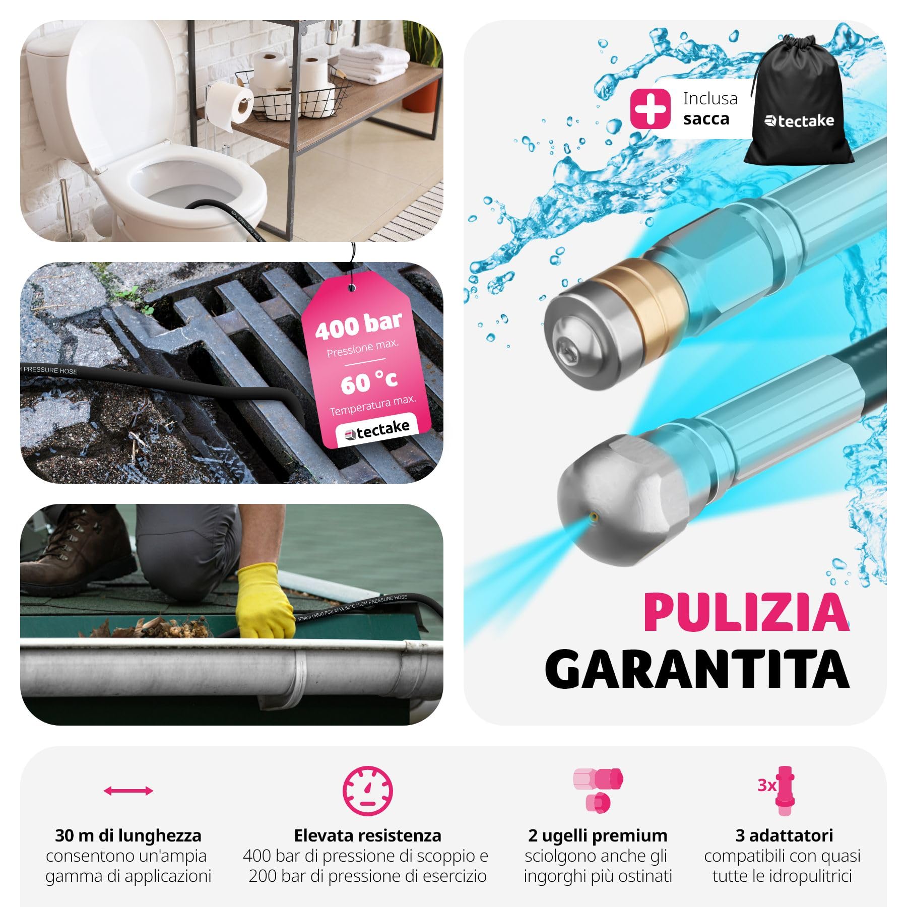 tectake® Set 8 Pezzi Tubo Sturatore con Ugelli in Acciaio Inossidabile, Adattatori Universali, Sonda Sturatubi Idropulitrice, Sonda Stura Lavandini e Scarichi con Isolante e Sacco Contenitore - 30 m