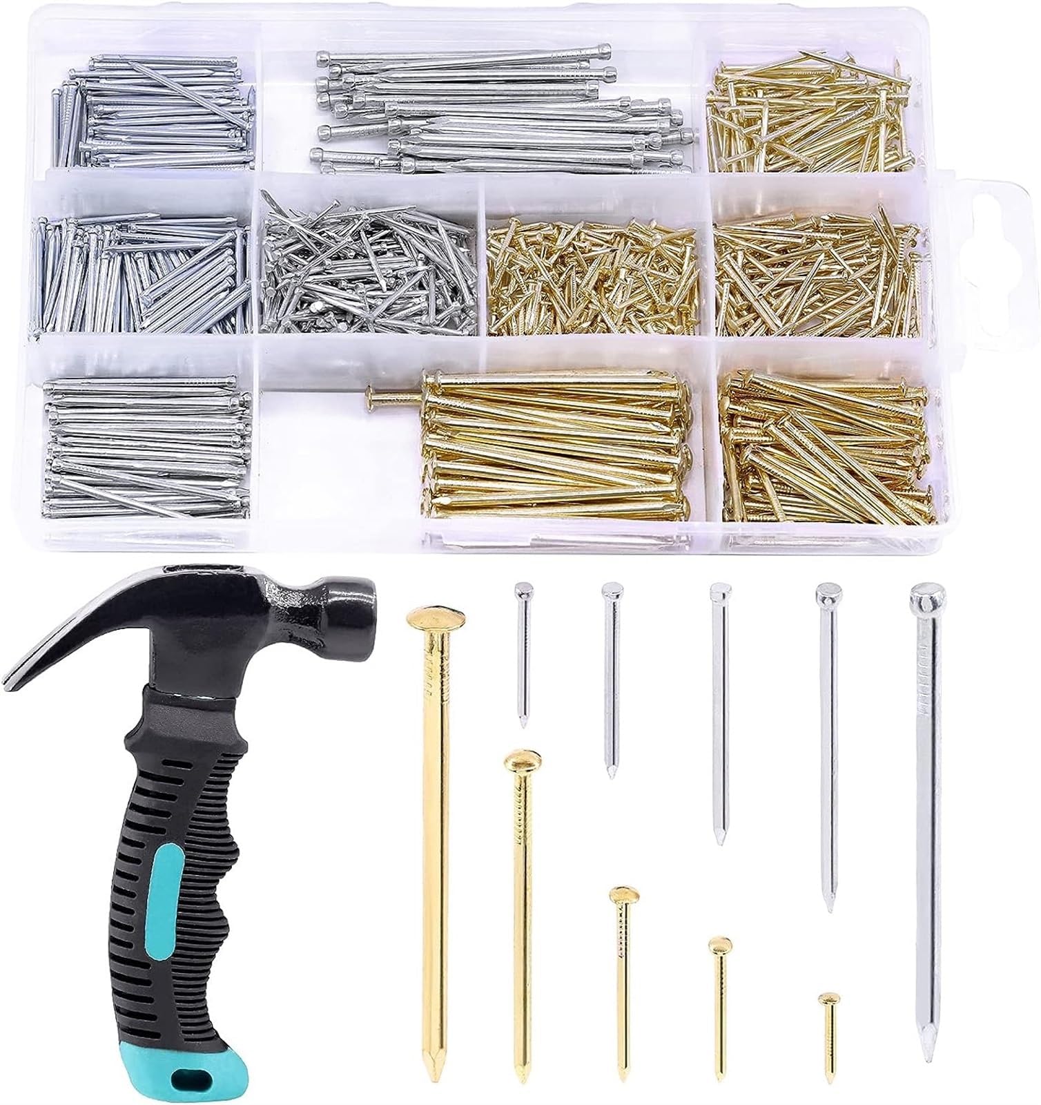 1000 Pcs Nail Assortment Kit & 8oz Claw Hammer, Heavy Duty Framing Hammer and 5 Sizes Galvanized Nails Set for Hanging Pictures, Finish Nails, Wall Mounting (Color : Blue)