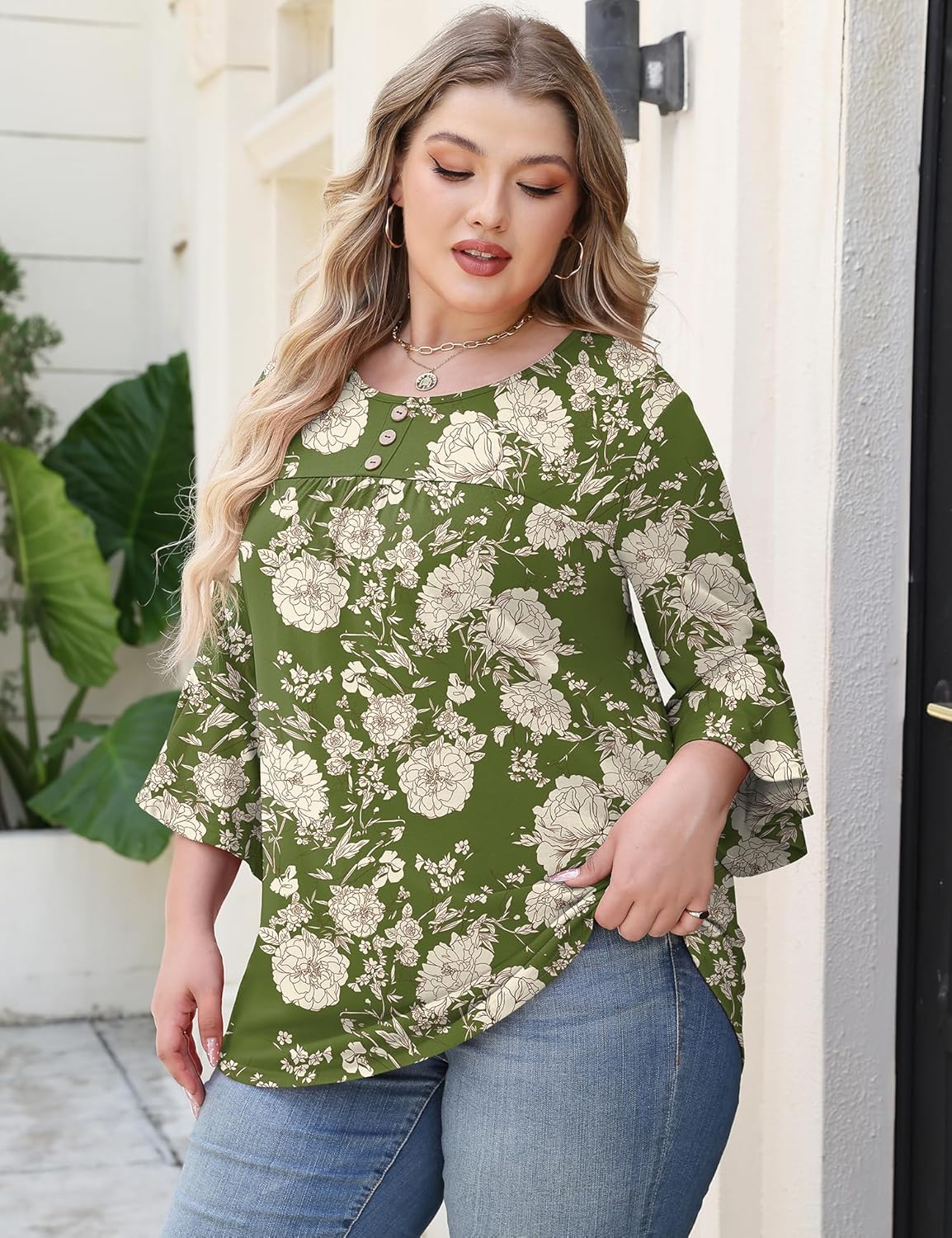 Rapbin Plus Size Tops for Women 3/4 Ruffle Sleeve Crew Neck Button Down Pleated Blouses Casual Fashion Tunic (1X-5X) - Image 4