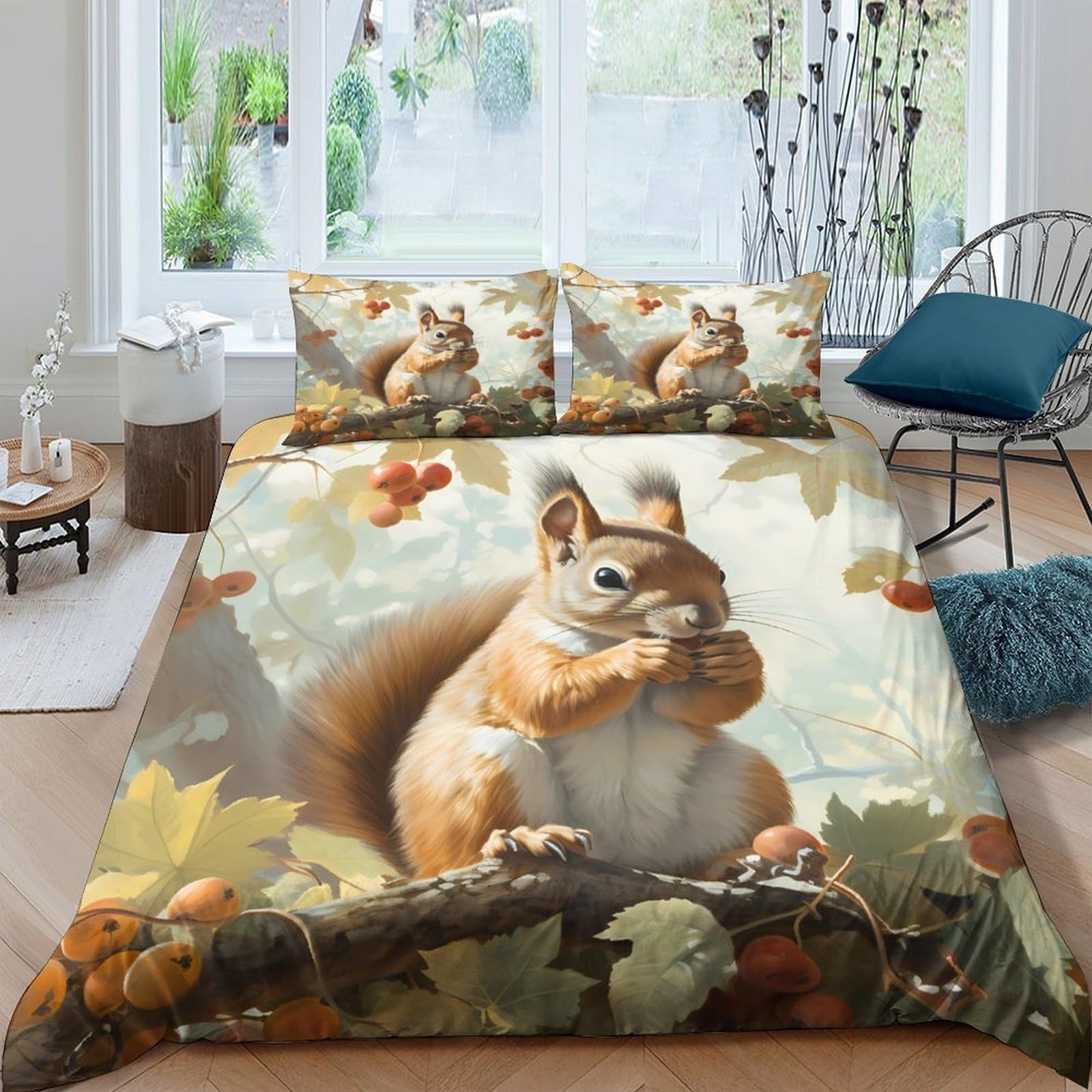 Housse de couette écureuil 140x200 taie d'oreiller microfibre linge de lit automne nature
