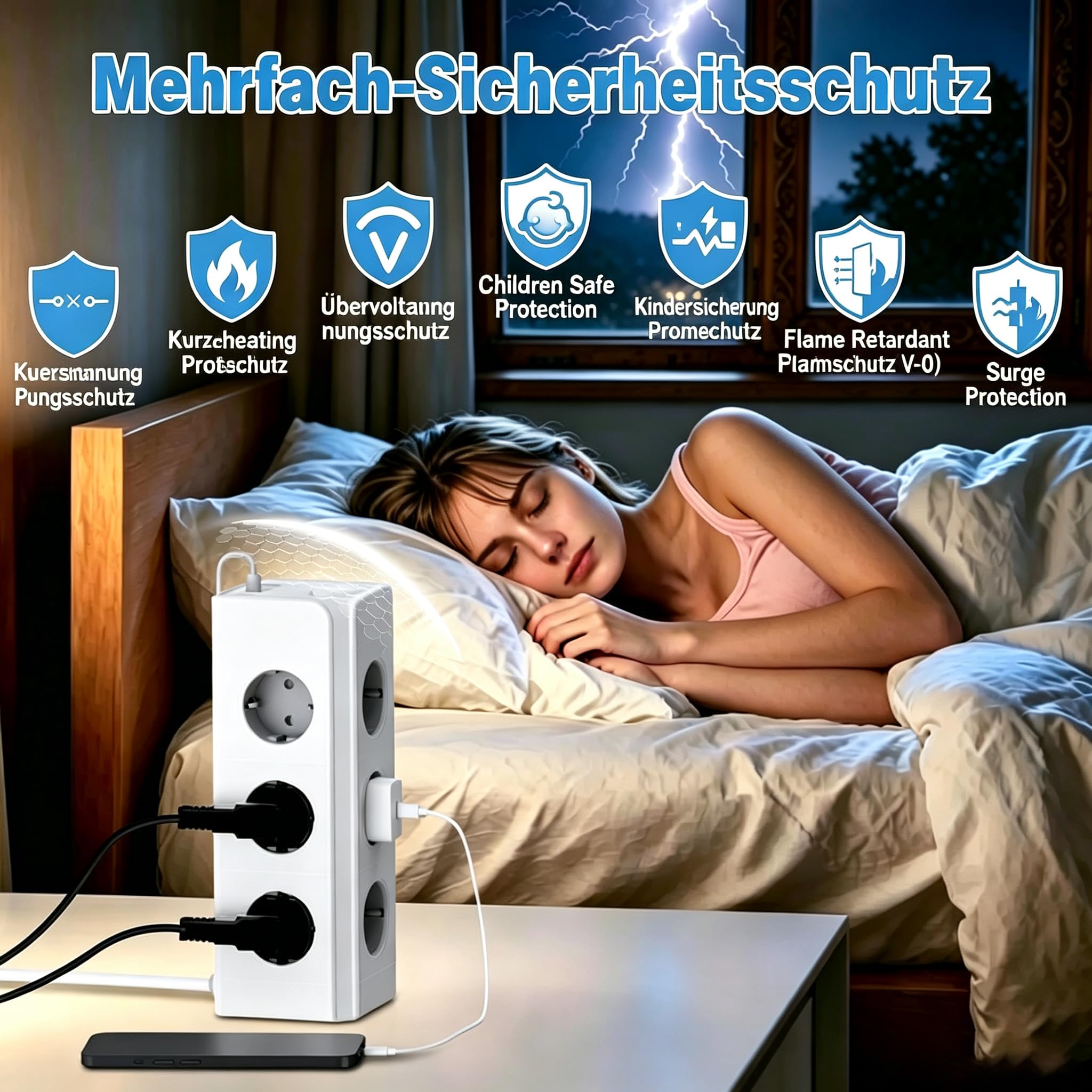 12 Fach Mehrfachsteckdose mit 2 USB-C und 2 USB-A Mehrfachstecker