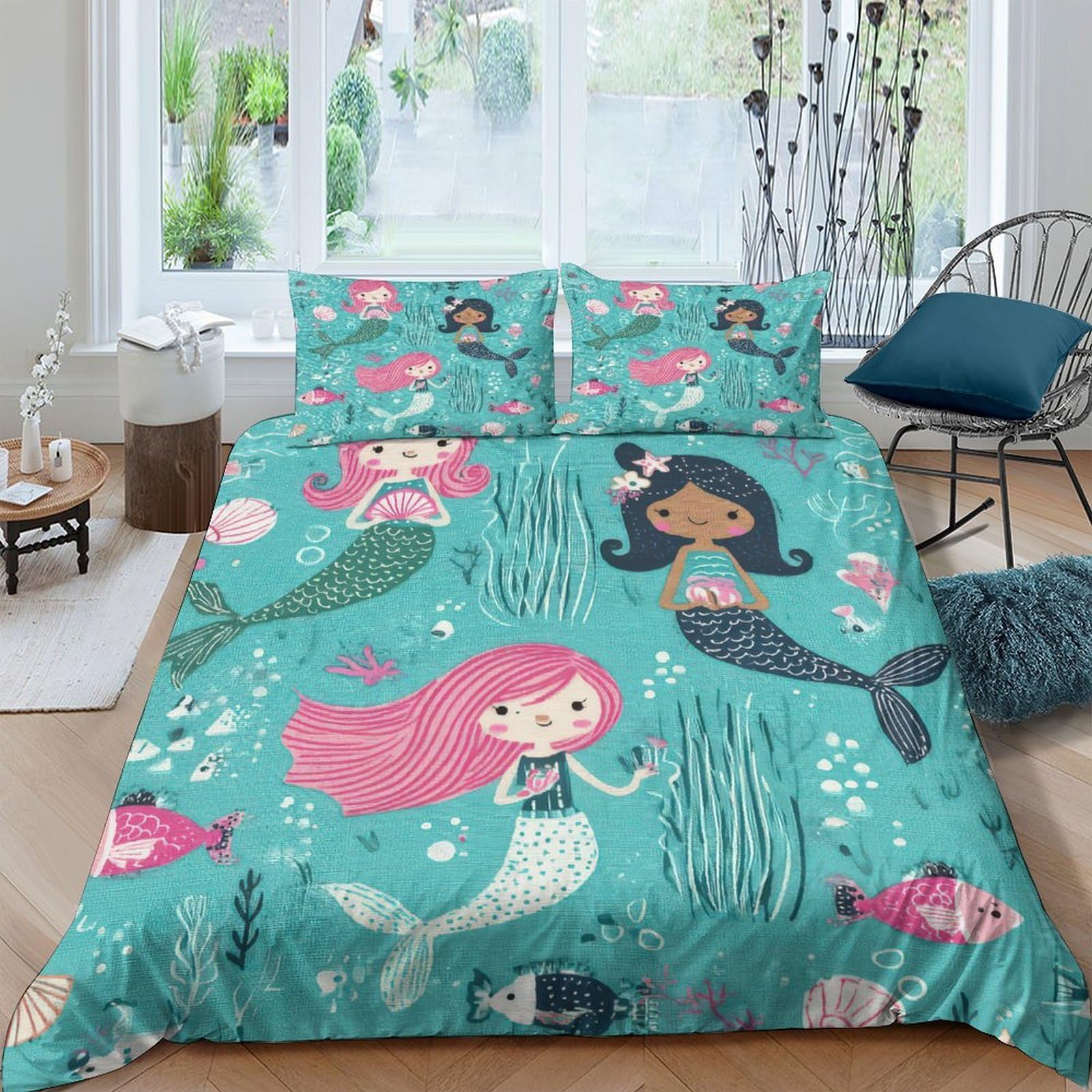 GPLZQXKJNH 3D Printed Mermaid Ocean Duvet Cover Microfiber Soft Turquoise Sea Life Bedding Set with 2 Pillowcases for Bedroom Home Single（135x200cm）