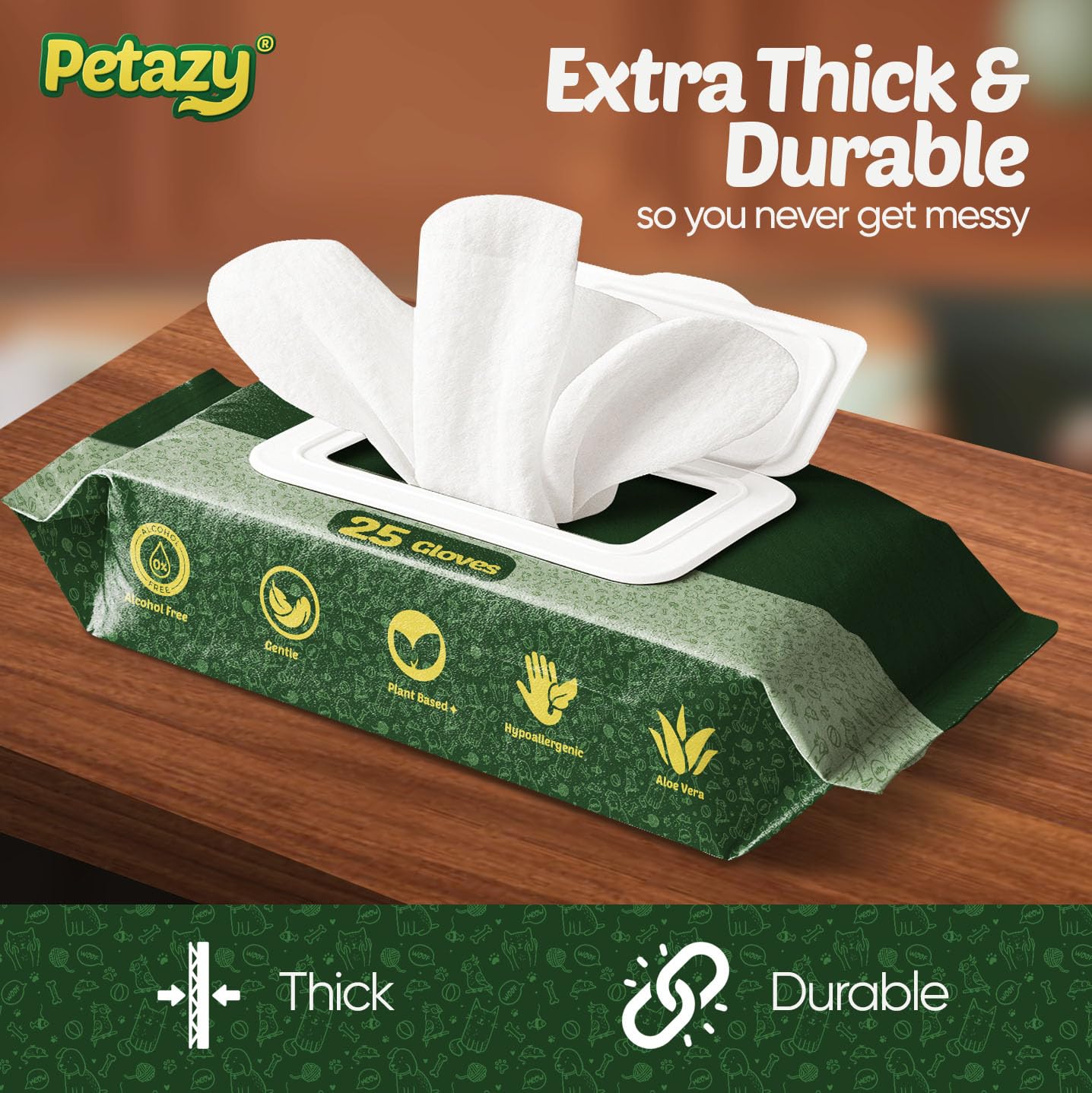 Pet Glove Wipes for Dogs & Cats – 50 Pack | Hypoallergenic, No Rinse, Extra Thick Cleaning Gloves with Aloe & Coconut Oil | Paws, Face, Ears & Butt | Travel Friendly, Gentle & Safe - image 6