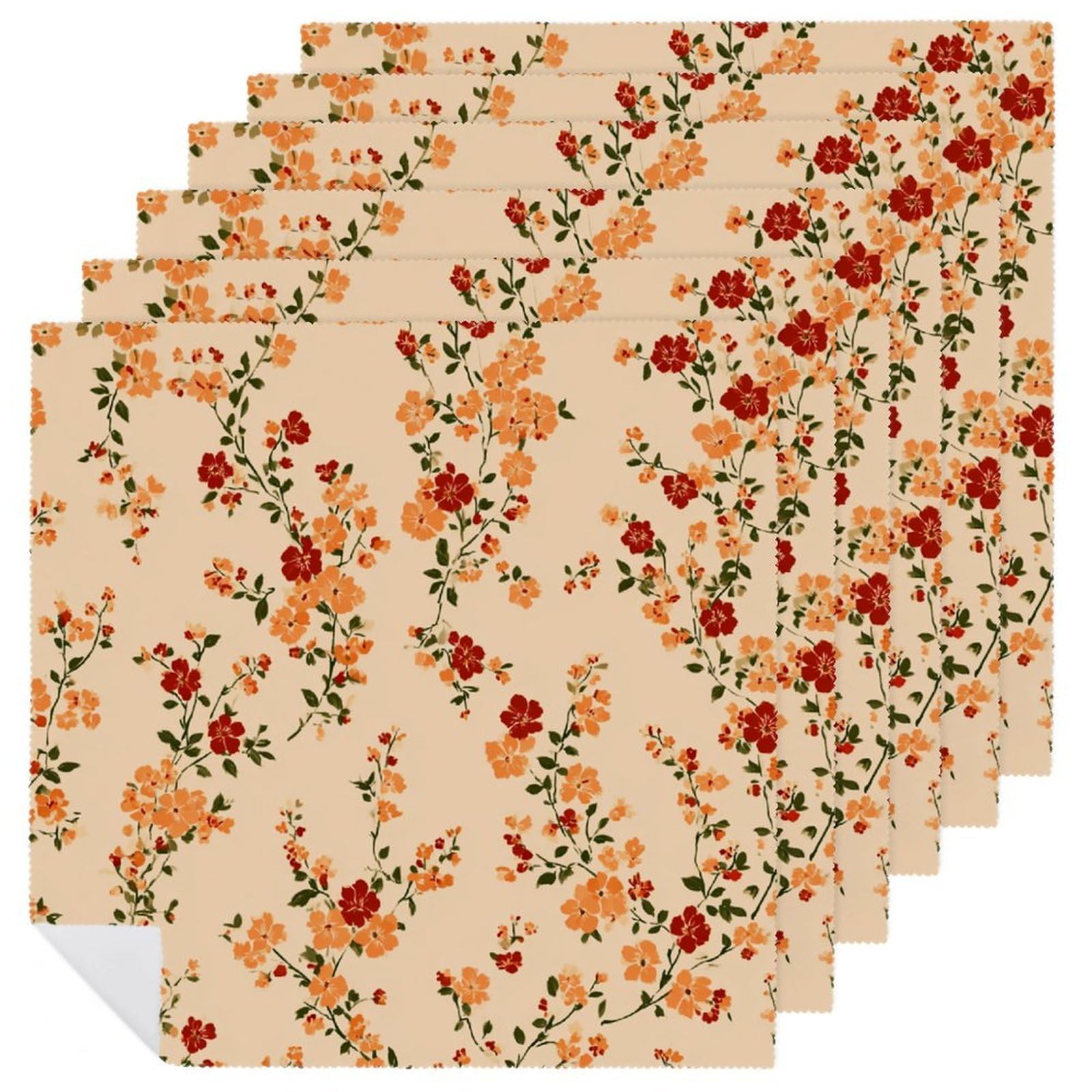 Vintage Orange Red Tiny Flowers Garden on Beige Cloth Napkins Set of 6, Square Premium Reusable Washable Polyester Table Linen Napkin for Dinner Party