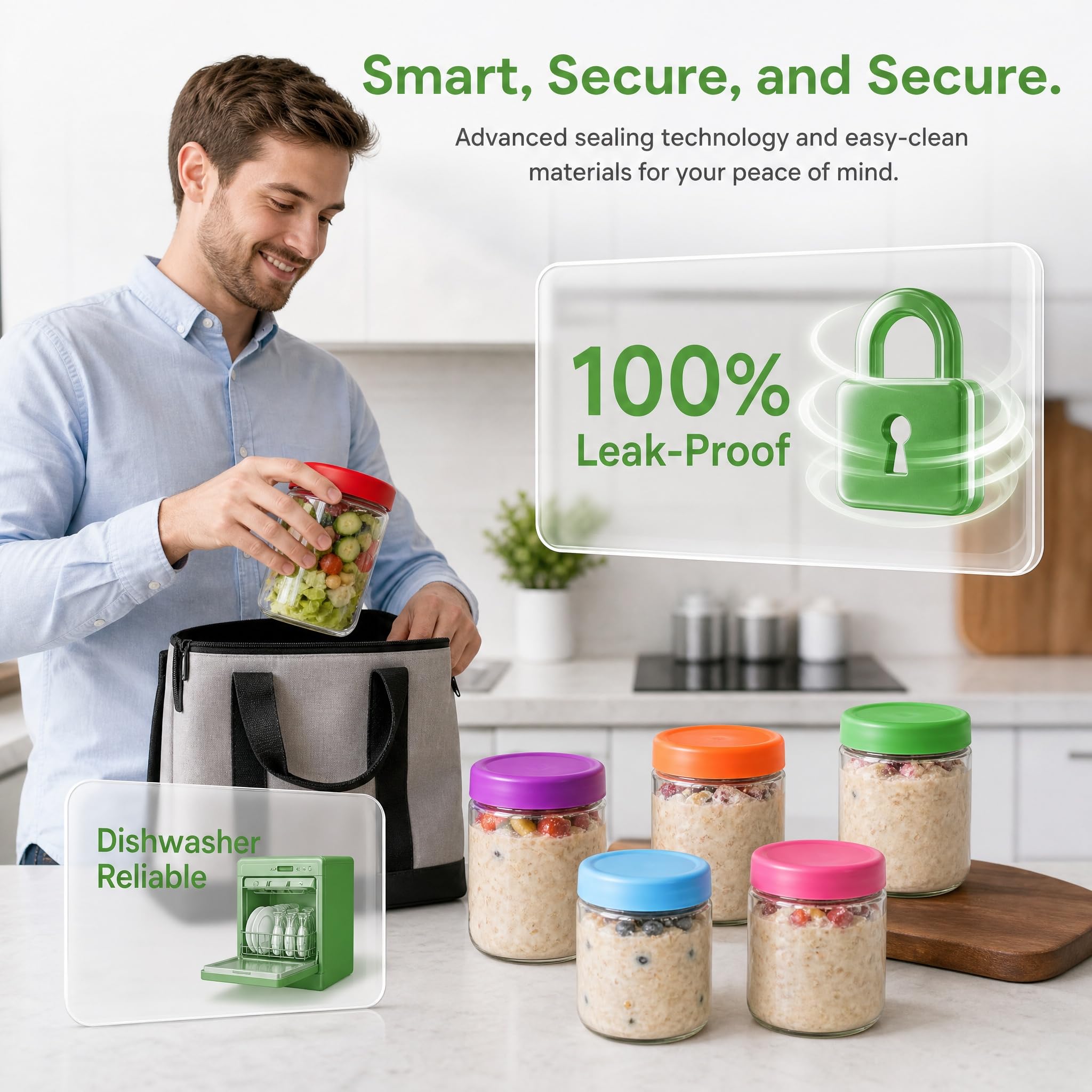 EONJOE Contenitori per avena da 473 ml con coperchio, confezione da 6 barattoli in vetro per la preparazione di cereali, caramelle, snack, insalata, yogurt, budino
