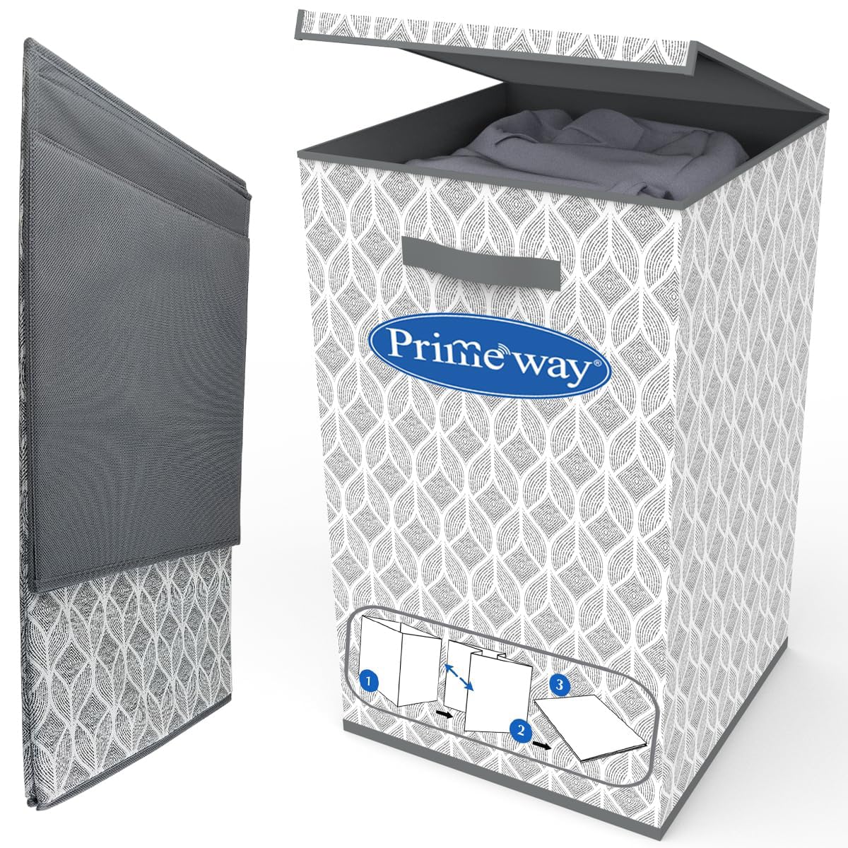 Primeway® Plastic Fabric 73L Rectangular Foldable XX-Large Laundry Hamper Basket with Lid & Handles | Collapsible Multi-Utility Container | Freestanding Clothes Storage Tall Box Organiser | 35x35x60cm-image-28