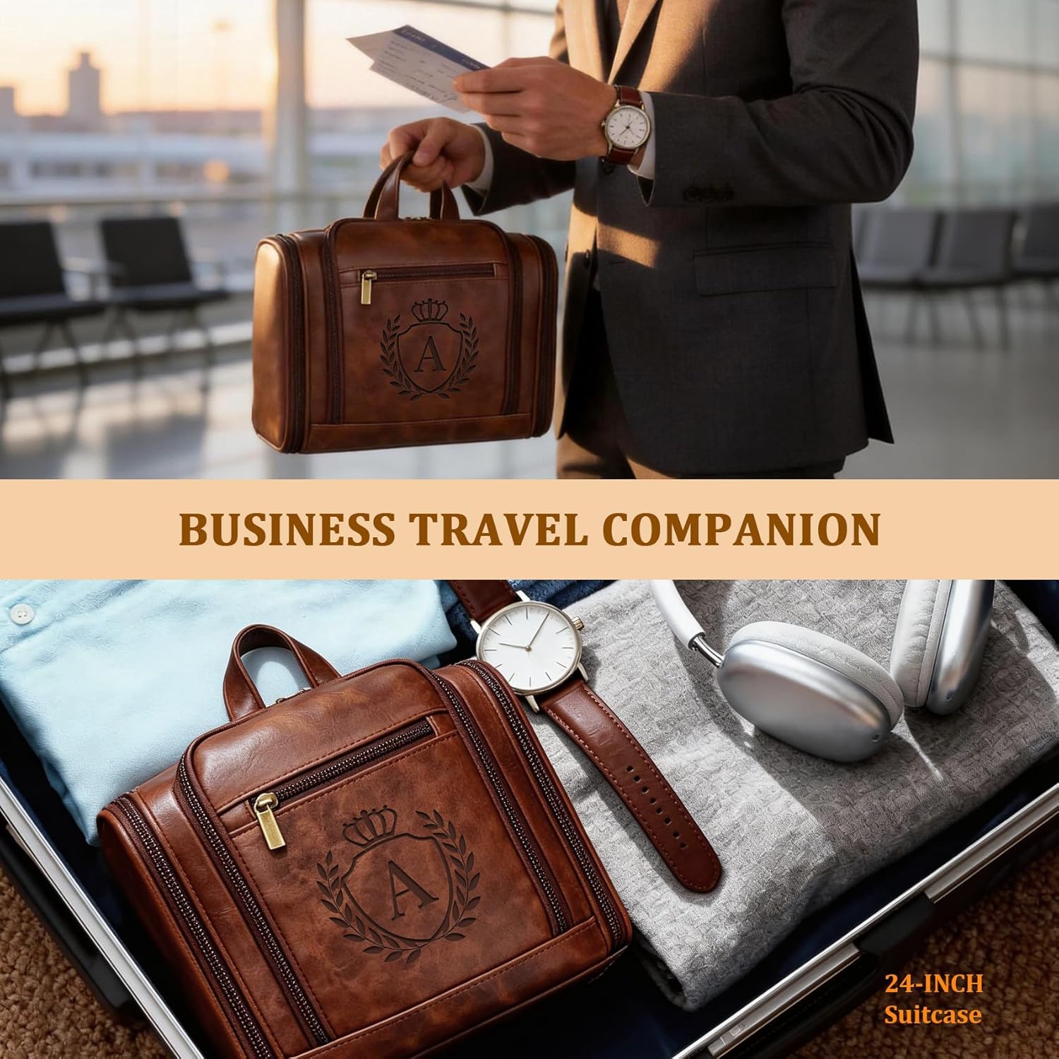 Personalized 30th 40th 50th 60th 70th Birthday Gifts for Men Large Leather Travel Toiletry Bag Hanging Shaving Dopp Kit, Customized Traveling Case Cognac Brown Monogrammed Initial Letter A