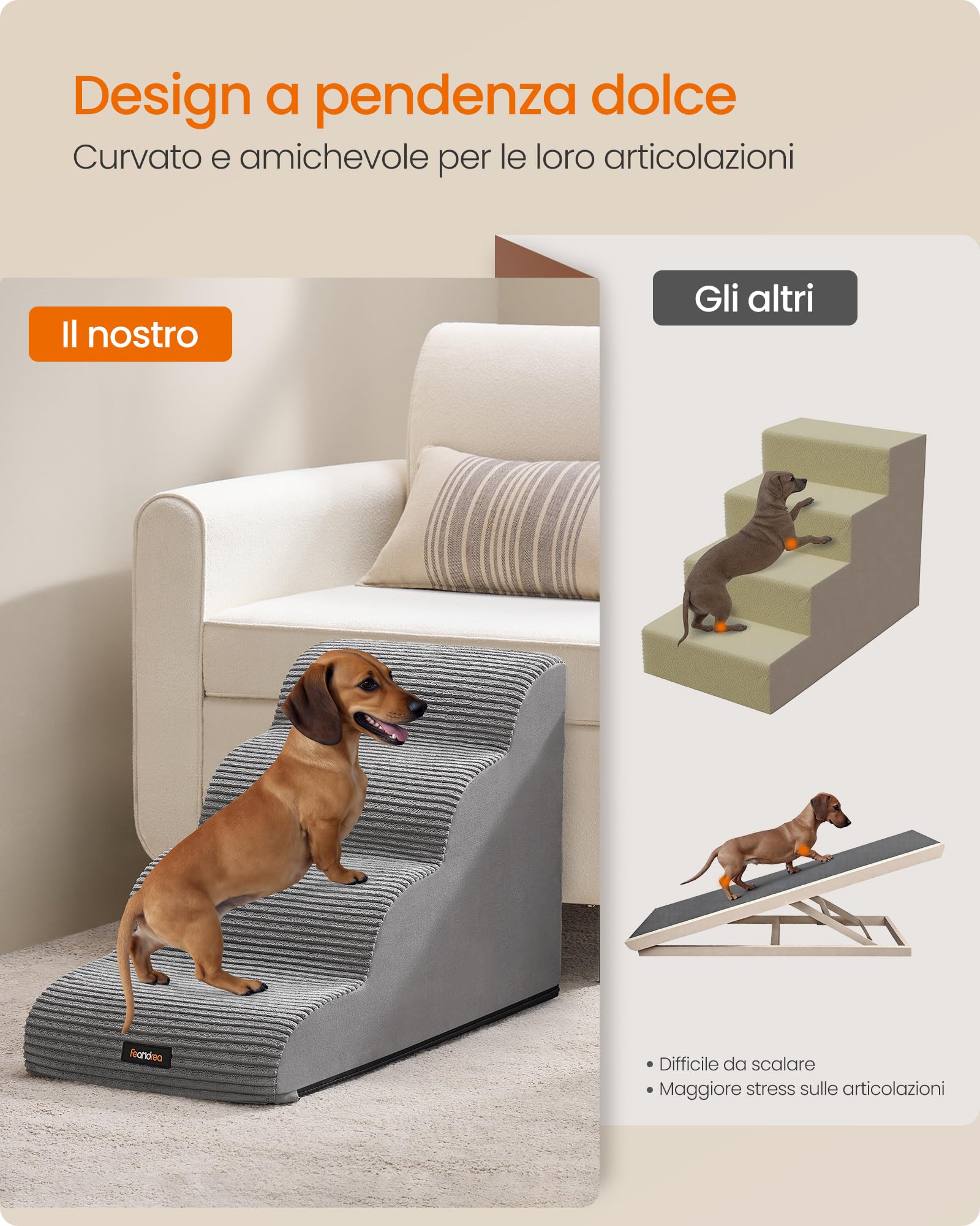 Feandrea Scala a 4 Gradini per Cani, Pendenza per Letto, Divano, Scaletta per Animali Domestici Impermeabile e Antiscivolo, Copertura Sfoderabile e Lavabile, Maniglia, Grigio Tortora PPS004G01