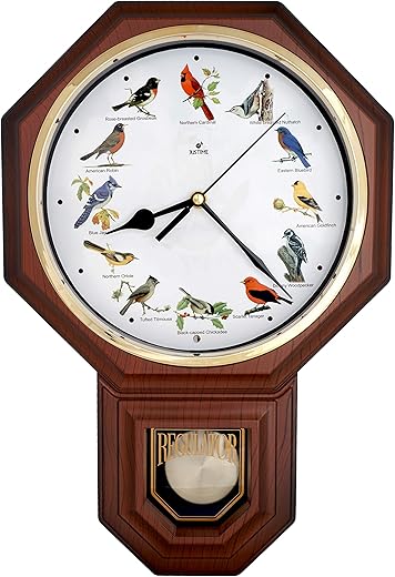 JUSTIME Unique 12 Northern Cardinal Bird's Song Schoolhouse Pendulum Wall Clock Chimes Every Hour Melody Sweep Silent Movement (TCBD-PP-RB-DW Wood Grain)