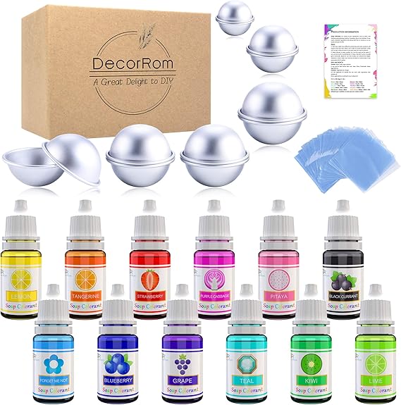 Bath Bomb Mold Kit 12 Pieces with 12 Soap Colorant, Shrink Wrap Bags Liquid Food