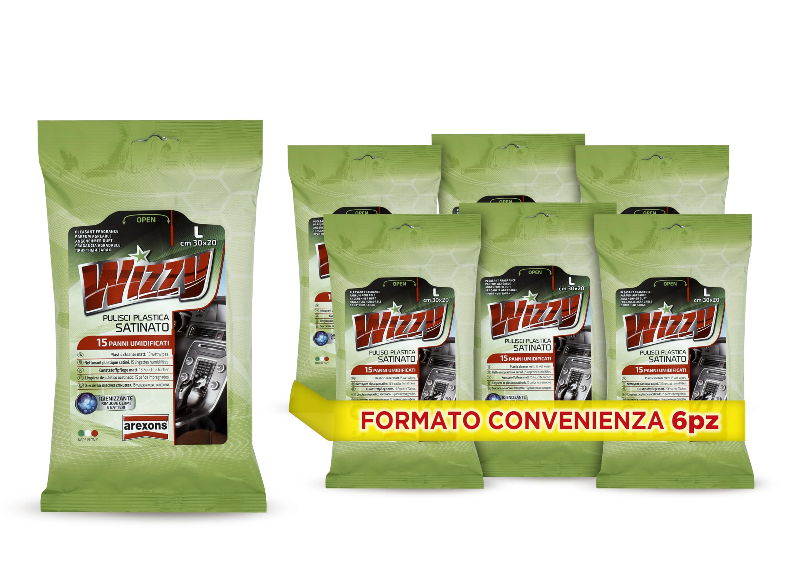 AREXONS WIZZY Pulisci Plastica Satinato, 15 Salviettine Umidificate e Profumate per Superfici Interne in Plastica, Usa e Getta, Panni Imbibiti Rimuovi Sporco, 6 Pezzi