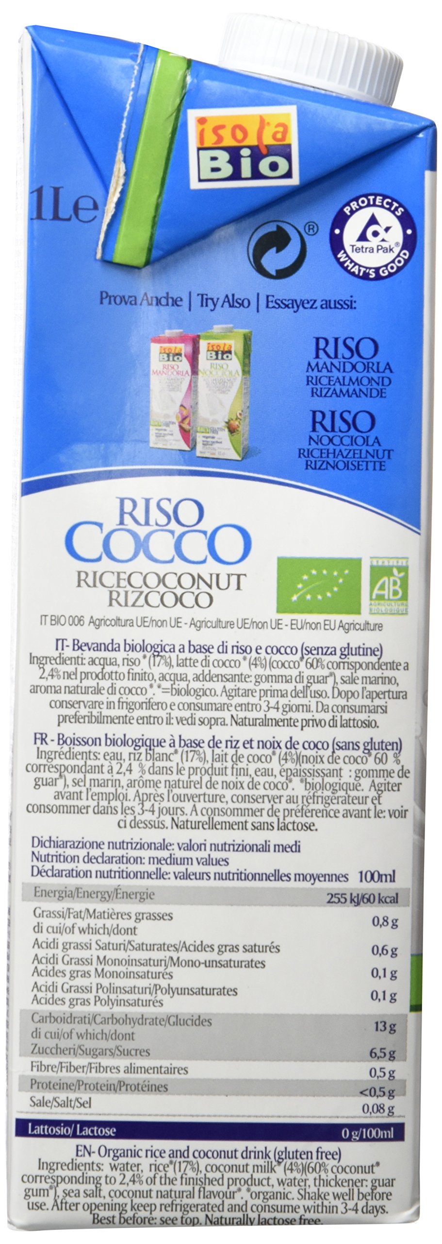 Isola Bio Bebida Vegetal de Arroz con Coco Paquete 6 x 1000 ml