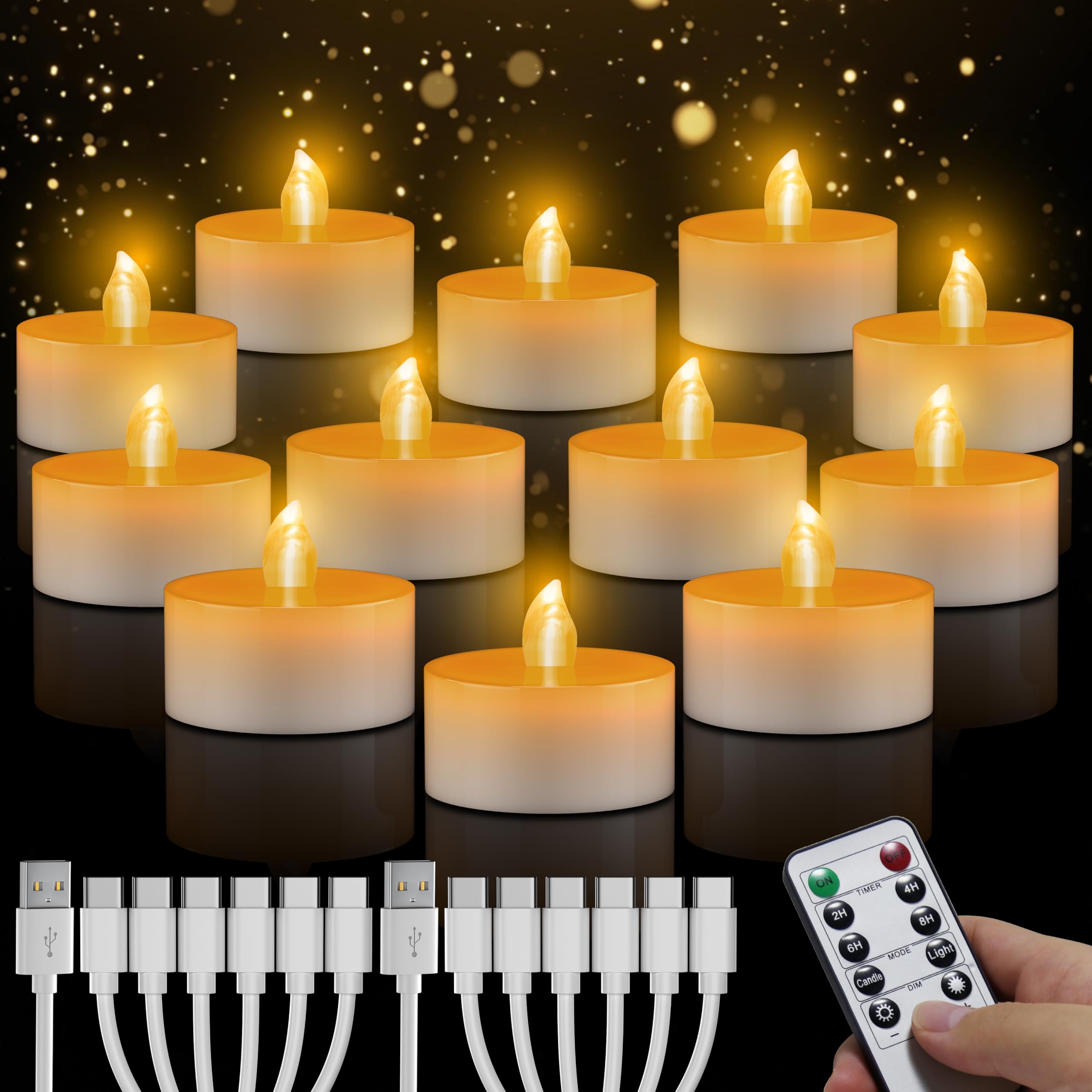 daphomeu Candele LED ricaricabili, 12 candele a LED senza fiamma, con telecomando, funzione timer, ricaricabili tramite USB, candele elettriche per matrimoni, Halloween, Natale, decorazione della casa