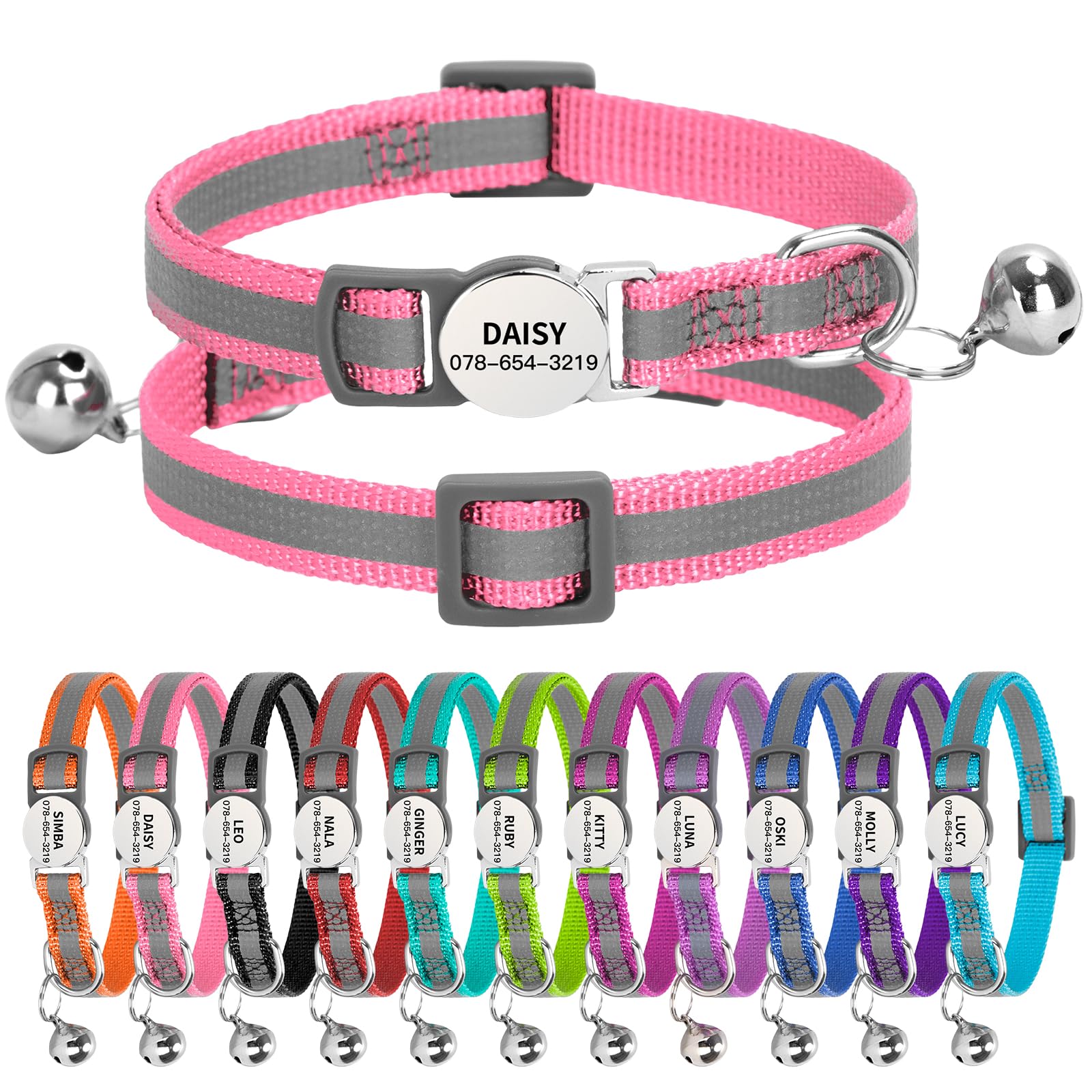 Personalised Reflective Cat Collar with Name Tag,Quick Release Kitten Collars with Bell Safety Buckle, Adjustable Nylon Cat Collar for Cats Kittens UK Prime (Adjustable 19โ30 cm, Pink Strip)