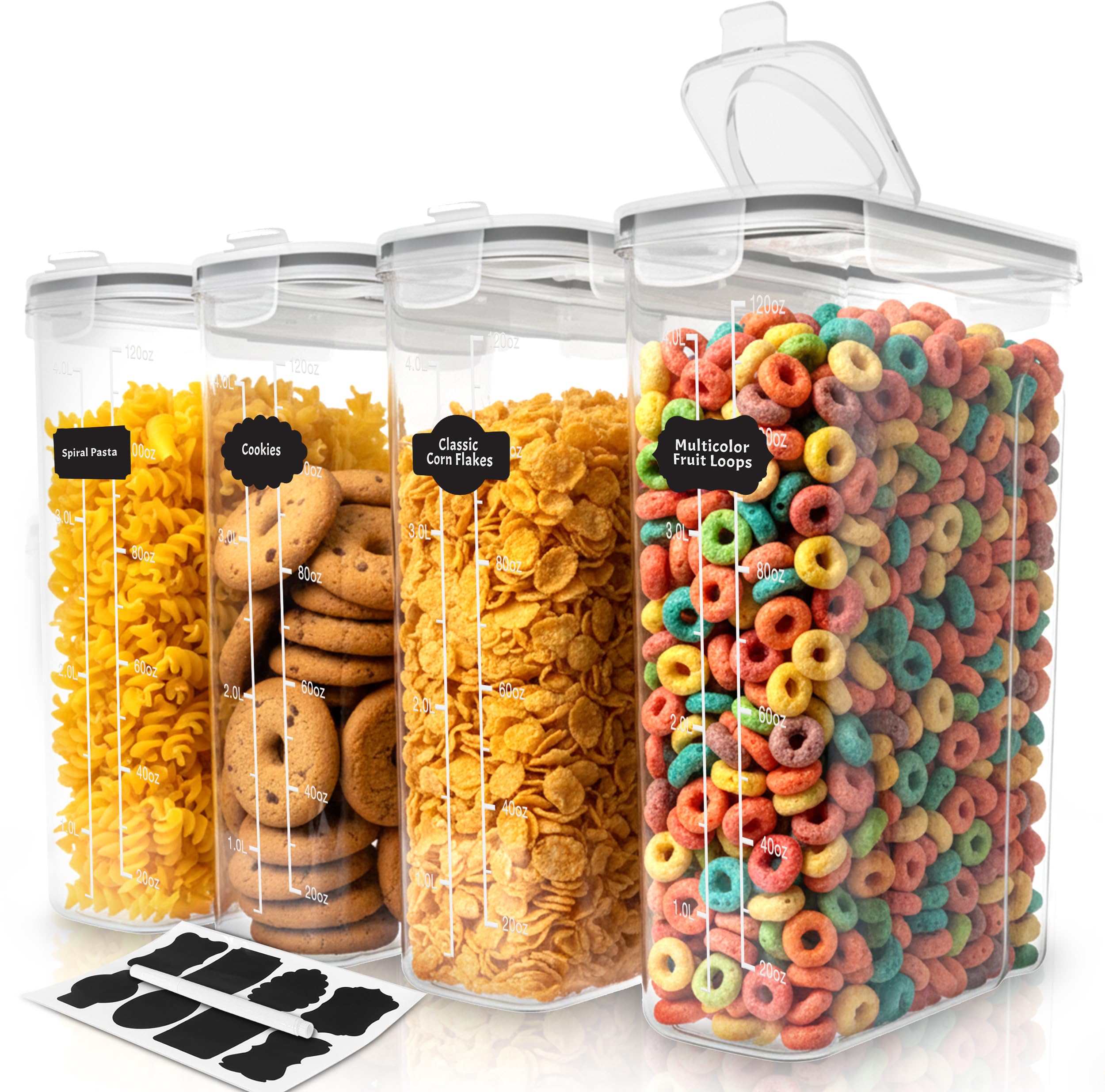 Cereal Containers Storage Set – 4 Pack 4L(135.2 oz) Airtight Food Storage Containers with Lids, BPA-Free Cereal Dispensers for Pantry Organization and Storage (Clear)