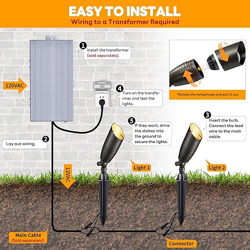 Miniatura 8 de Gardenreet Foco de paisaje de latón macizo, 12 V CACC, impermeable, luces LED de bronce para exteriores, iluminación de bajo voltaje con cable para