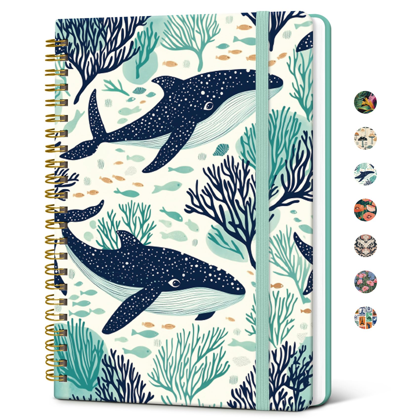Lined Spiral Journal Notebook for Women, A5 Cute College Ruled Hardcover Notebook for Work & Note Taking, Pretty Journal for Writing, 140 Pages, Drifting Whales