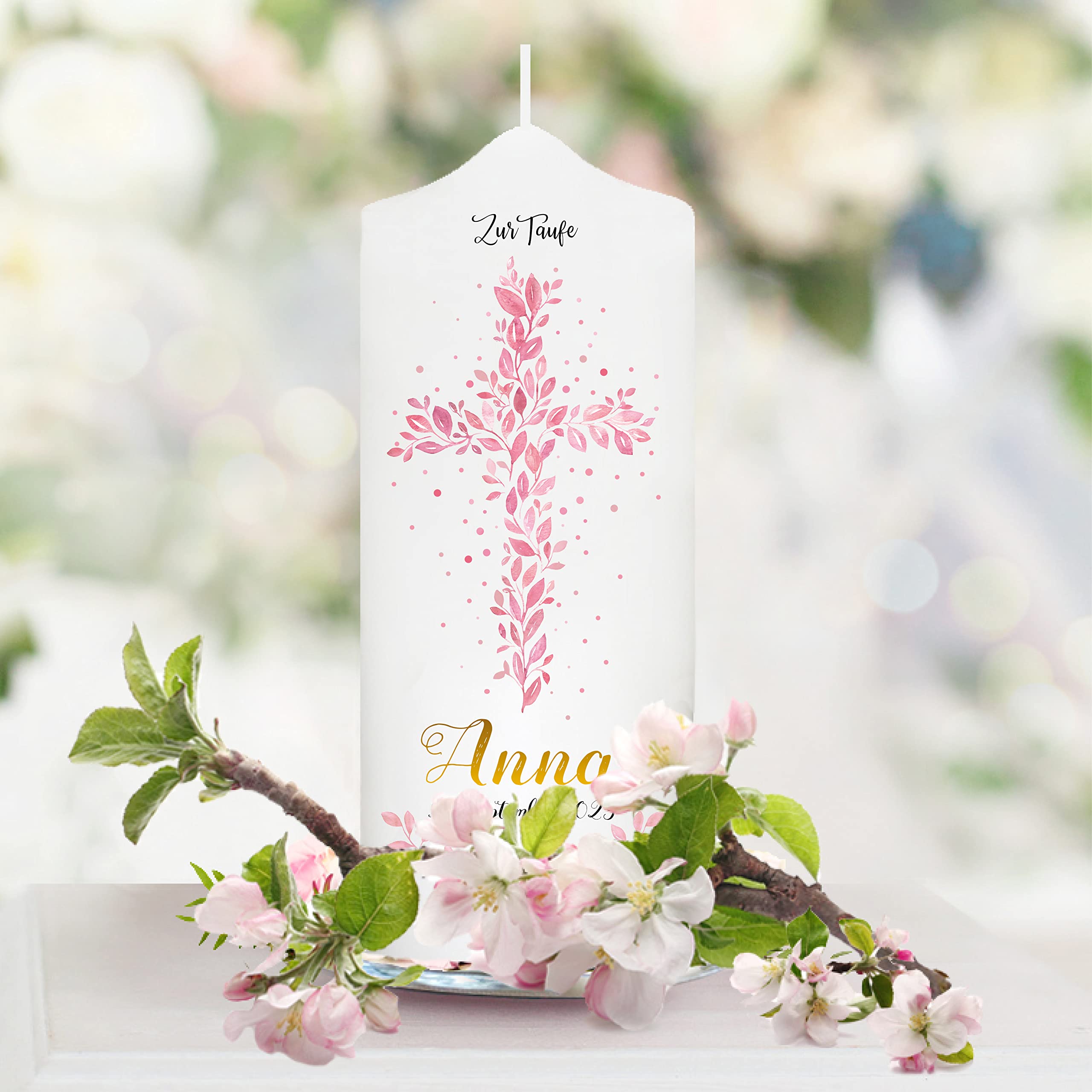 Wandtattoo Loft Taufkerze Mädchen mit Taufspruch, Motiv Heiliges Kreuz aus rosa Blättern, 25cm x 7cm, personalisierte Kerze, bedruckte rosa Kerze Taufe, Stumpenkerze, individuelles Taufgeschenk