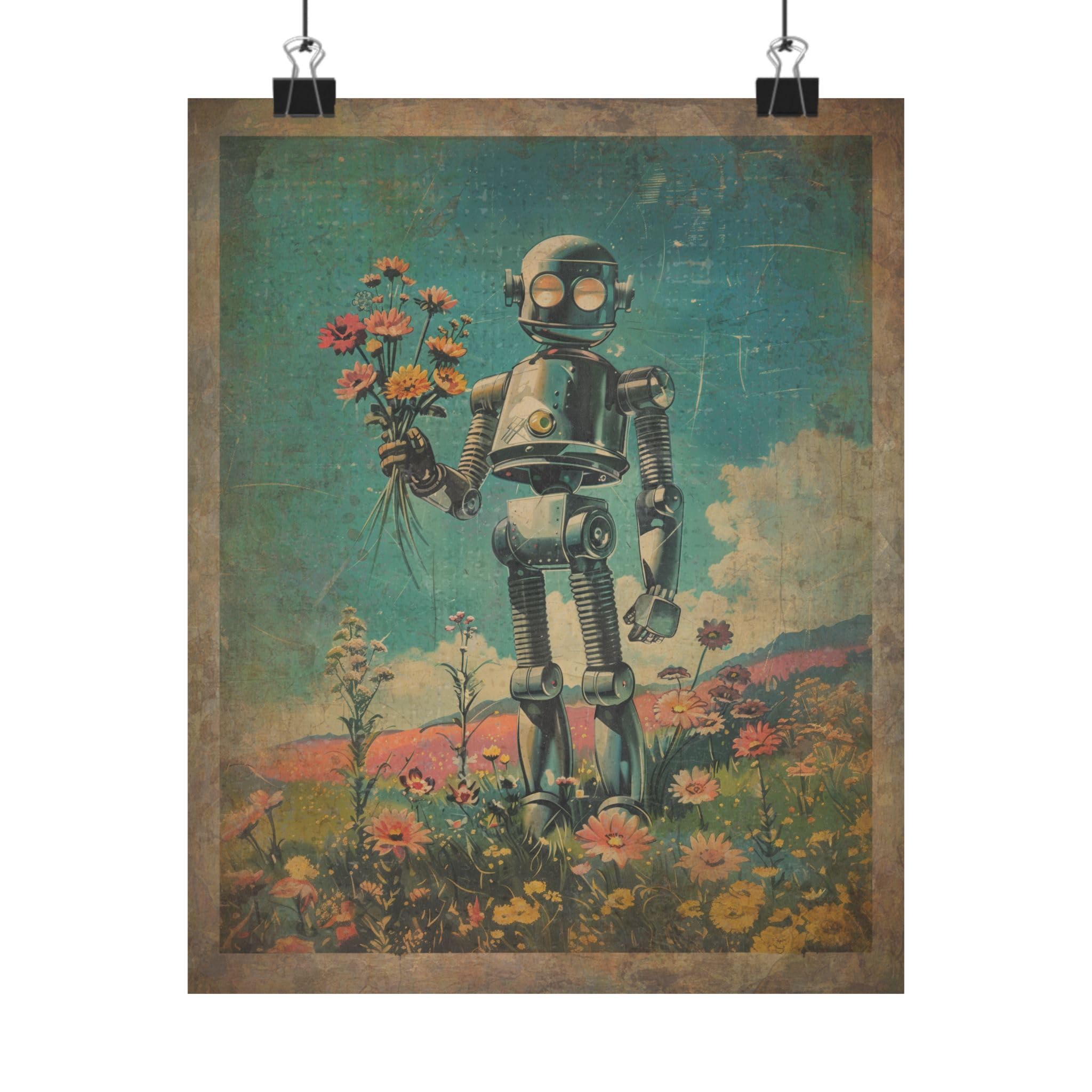 RETRO ROBOT FLOWERS Wall Art, Rustic Robotic Home Decor, Science Fiction Poster, Retro Botanical Scifi Android Floral Print