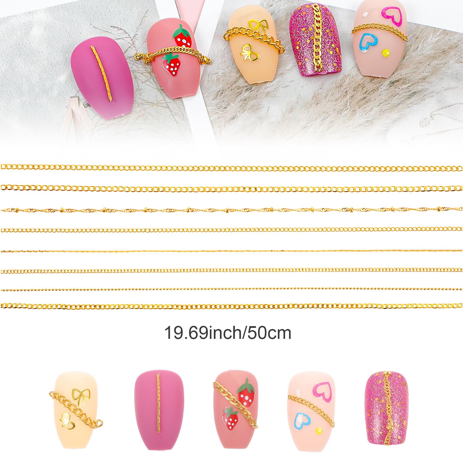 Xinjoduz 8 PCS Gold Charms for Nails, 19.7 Inch Metal Nail Art Chain for Nails 3D Gold Nail Jewelry Charms Bling Nail Art Accessories for Women Manicure Decoration & DIY Making Nails(8 Style)