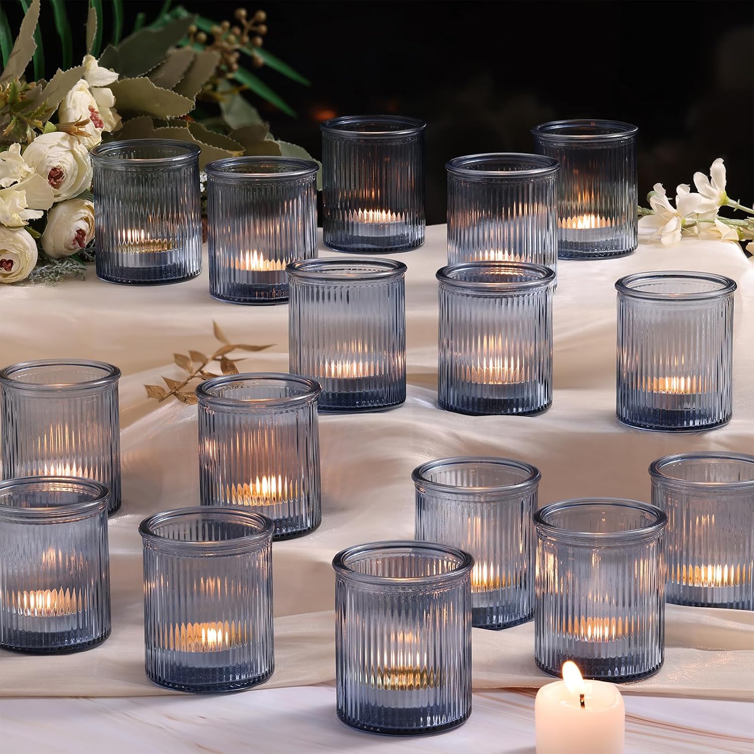 NITIME 32Pcs Ribbed Votive Candle Holders, Clear Tea Light Candle Holder for Wedding Table Decor, Glass Candle Holder for Bridal Shower Decor, Home and Holiday Decor