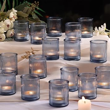 NITIME 32Pcs Ribbed Blue Votive Candle Holders, Tea Light Candle Holders for Table Centerpiece, Blue Candle Holders for Wedding Decor,Home and Holiday Decor