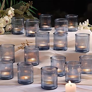32Pcs Ribbed Blue Votive Candle Holders, Tea Light Candle Holders for Table Centerpiece, Blue Candle Holders for Wedding Decor,Home and Holiday Decor