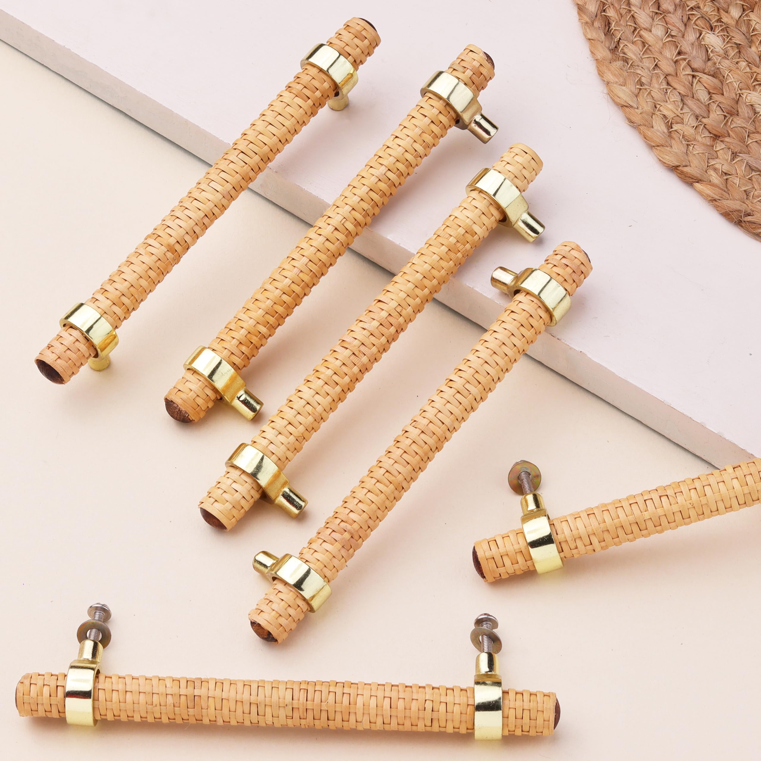boho handles for dresser Indian Shelf 6 Piece Adjustable Drawer Pulls Decorative Rattan Boho Wood  Cabinet Pulls Handles Unique Dresser Door Handles Interior Golden Cabinet  Hardware- 7