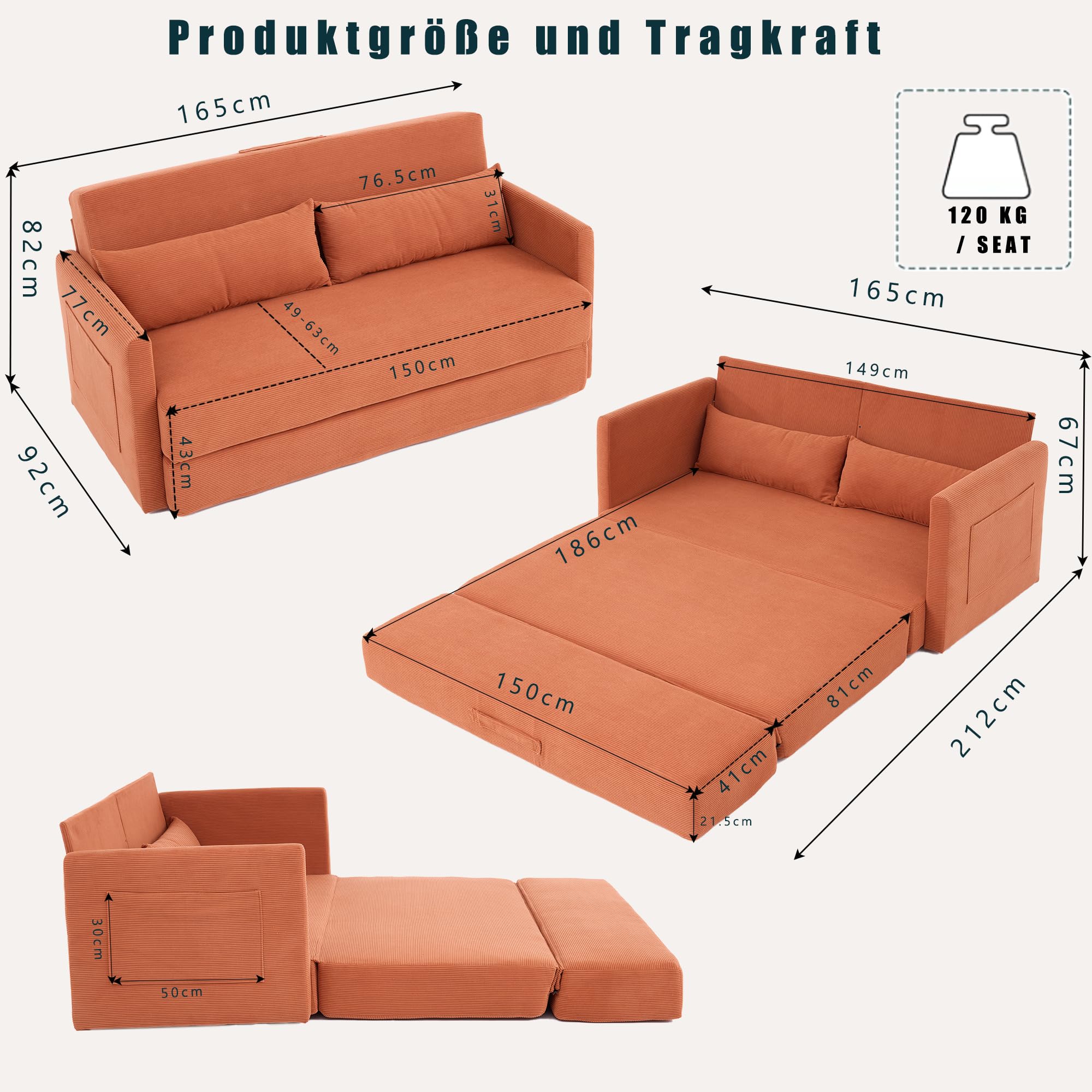 Generisch 2 w 1 sztruksowa sofa składana 2-osobowa, pomarańczowa sofa z poduszką