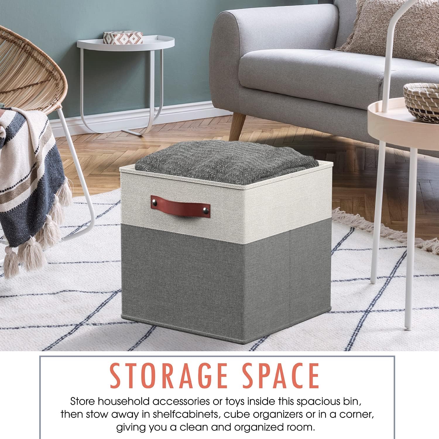 Ornavo Home 11 x 11 Storage Cube Bins, Foldable Collapsible Fabric Storage Bins Box Linen Shelf Basket Cube Organizer for Closet with Leather Handles, 6 Pack, White/Gray