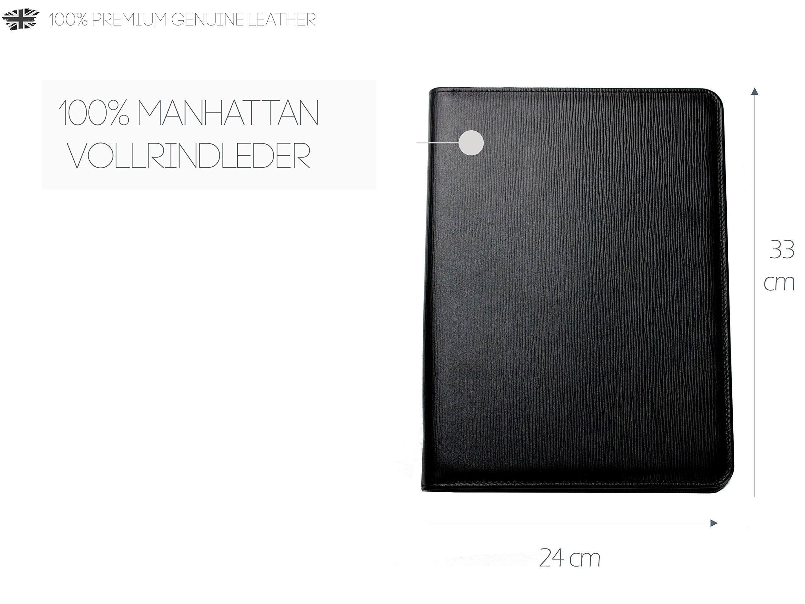 DELMON VARONE - Personalisierbare Tablet Schreibmappe DIN A4 aus Premium Manhattan Leder schwarz, Organizer Konferenzmappe mit Notizblock und Stiftschlaufe, Dokumentenmappe mit Reißverschluss
