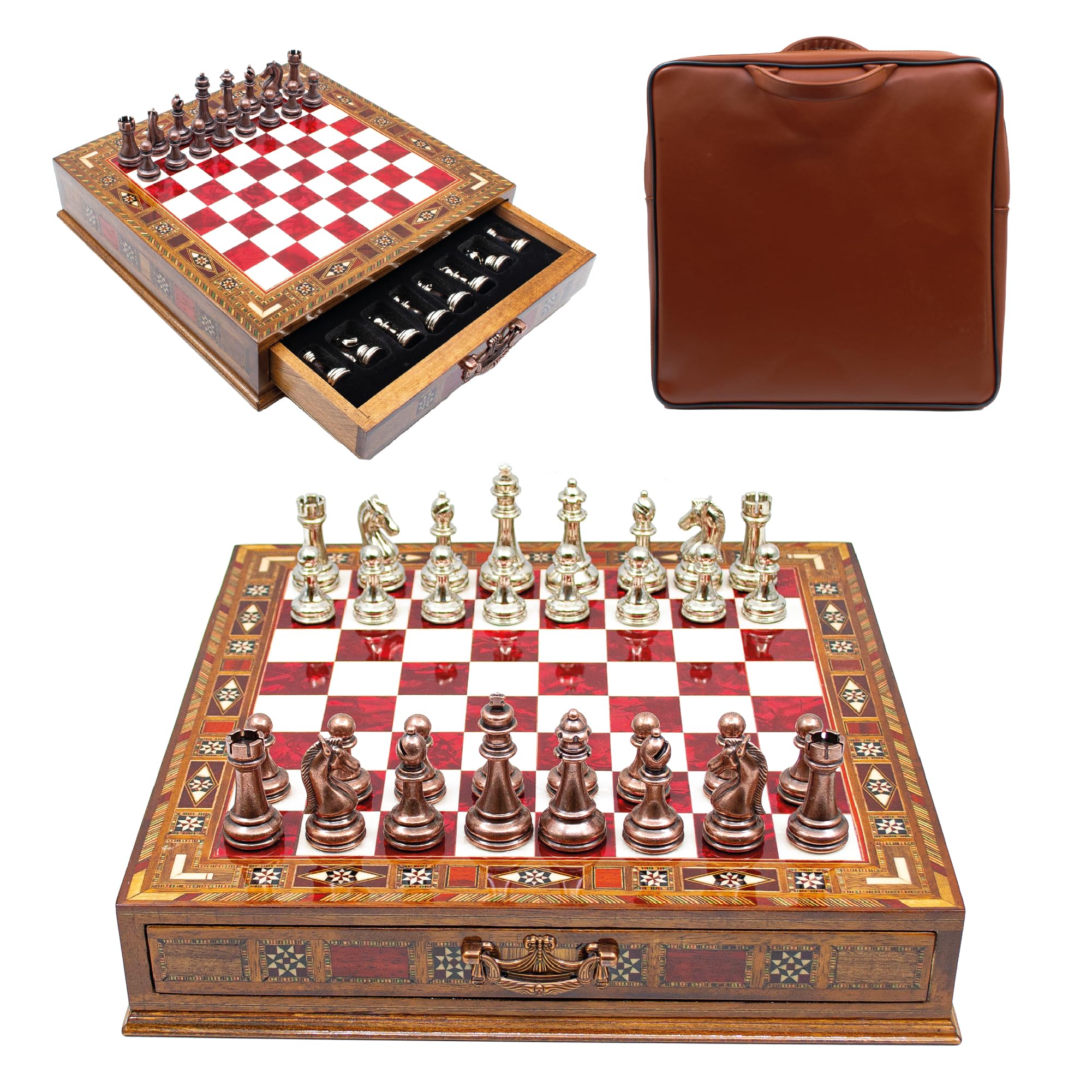 GrandGiftStore - Juego de ajedrez hecho a mano con cajón, tablero de ajedrez de madera para adultos con almacenamiento, juego de ajedrez premium (38 x 38 cm, bolsa, rojo)
