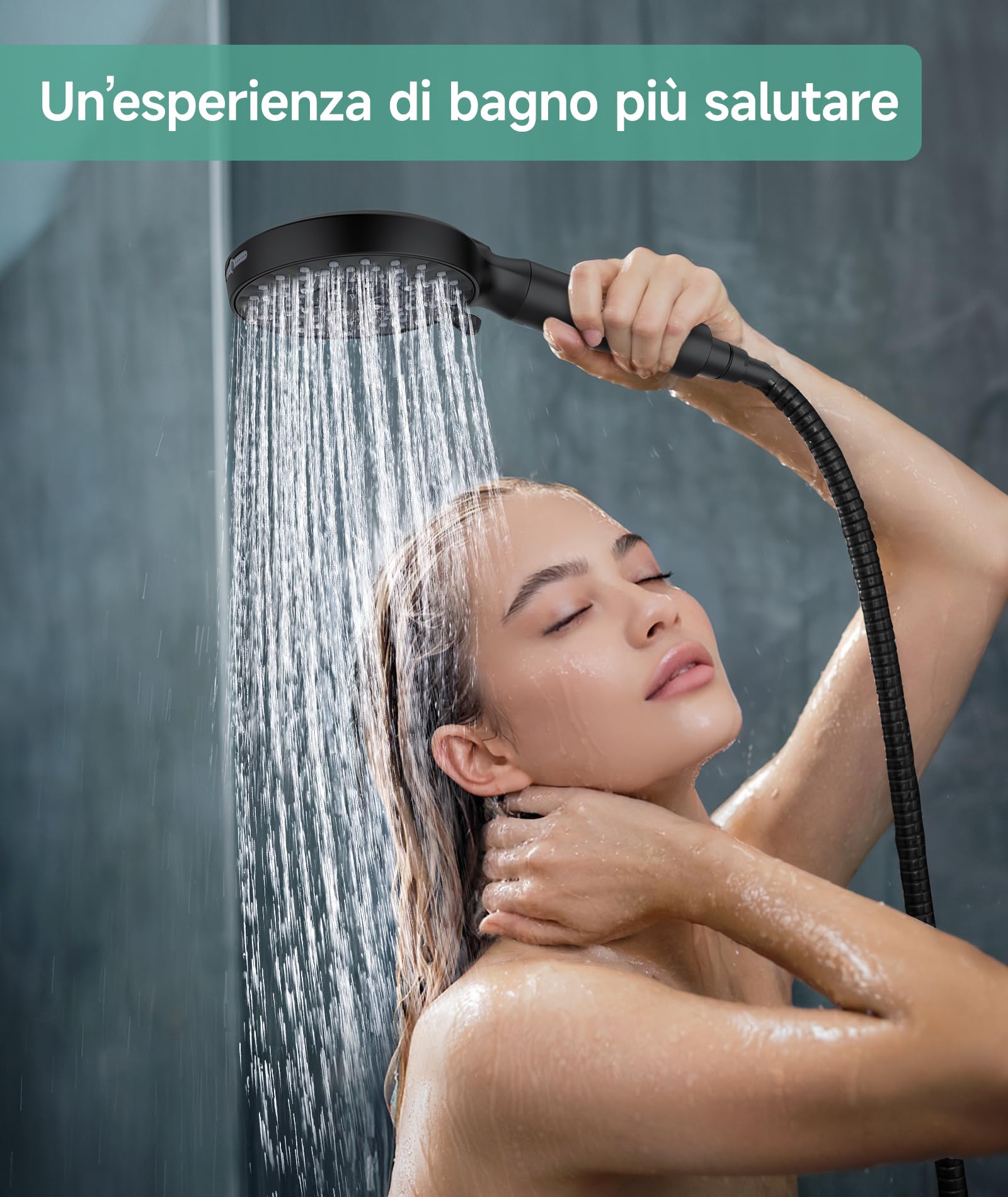 SR SUN RISE Soffione Doccia con 4 Filtro e Tubo Anticalcare Nero Opaco | Doccino Filtrant ad Alta Pressione e 9 modalità, Telefono Doccia e Tubo contro l'Acqua Dura, Cloro Residuo e Metalli Pesantii
