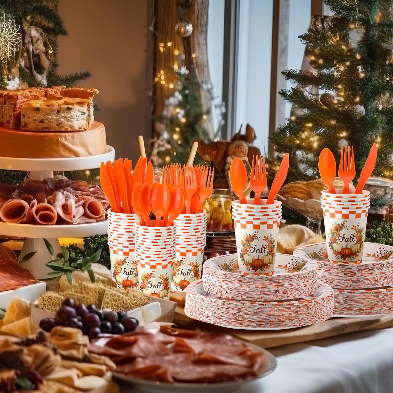 Sliner 350 Pcs Fall Paper Plates and Napkins Sets Party Supplies Thanksgiving Disposable Tableware Set Heavy Duty Pumpkin Paper Plates Orange Fall Cups Napkins Knife Fork Spoon, Serve 50 Guests