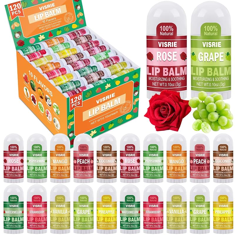 VISRIE Bálsamo labial mini com 10 sabores, Pacote com 120 unidades