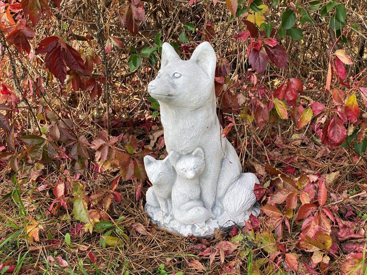 gartendekoparadies.de Fuchs - Familie, Steinfigur, H. 44 cm, 19 kg, Grau, frostsicher aus Steinguss für Außenbereich