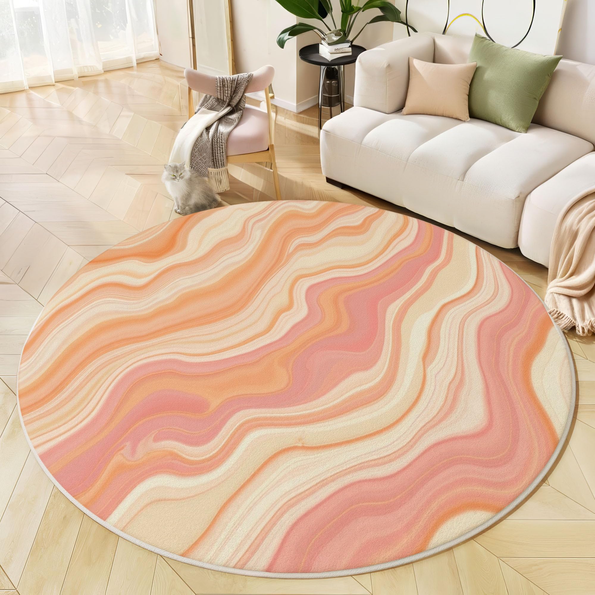 Tapis rond salon antidérapant et lavable aux rayures abstraites 120cm