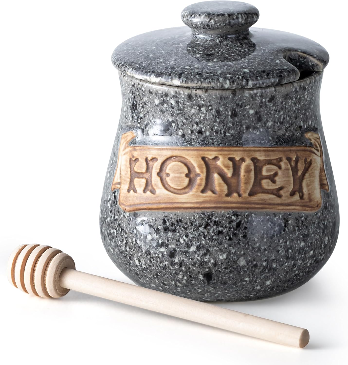 Honey Jar, Honey Pot, Honey Dispenser 12oz Grey Ceramic Honey Jar with Wood Dipper & Lid and Sugar Bowl with Lid and Spoon, ,17 OZ Sugar Jar, Ceramic Jar with Lid, Sugar Container for Coffee Bar, Suga