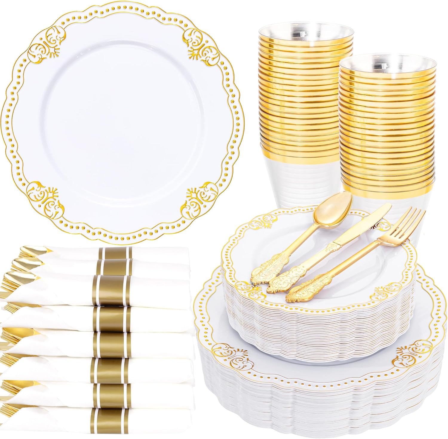 Ciaell 350 PCS Gold Plastic Plates - White and Gold Plates - Gold Disposable Plates Include 50 Disposable Plate, 150 Heavy Duty Silverware, 50 Cups, 50 Napkins for Wedding & Party