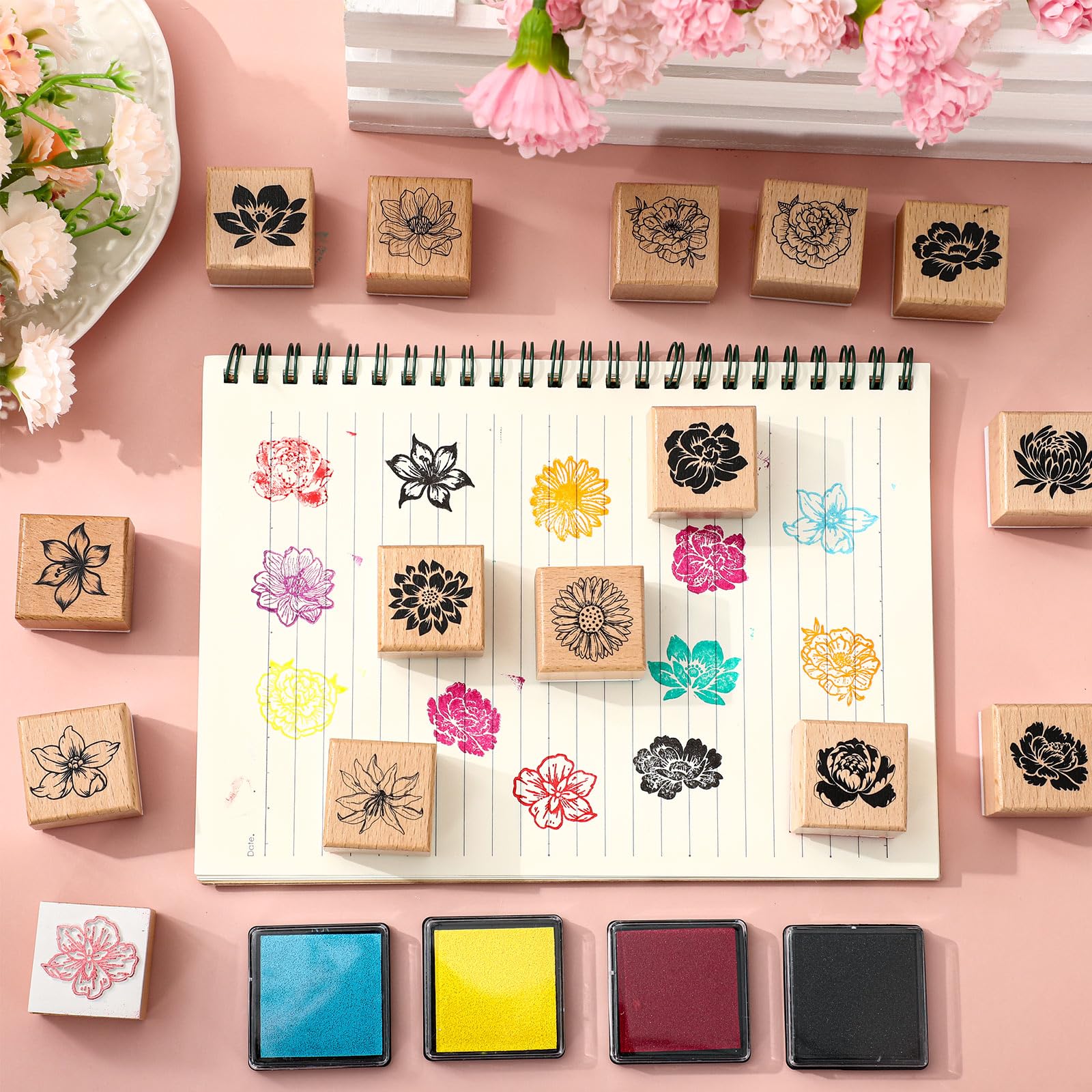 JarThenaAMCS Gummistempel-Set mit Blumen-Motiv, mit Stempelkissen, Frühlingsblumenmuster, Bastelstempel für Frühling, Party, Dekoration, Scrapbooking, Karten, Planer, 24 Stück