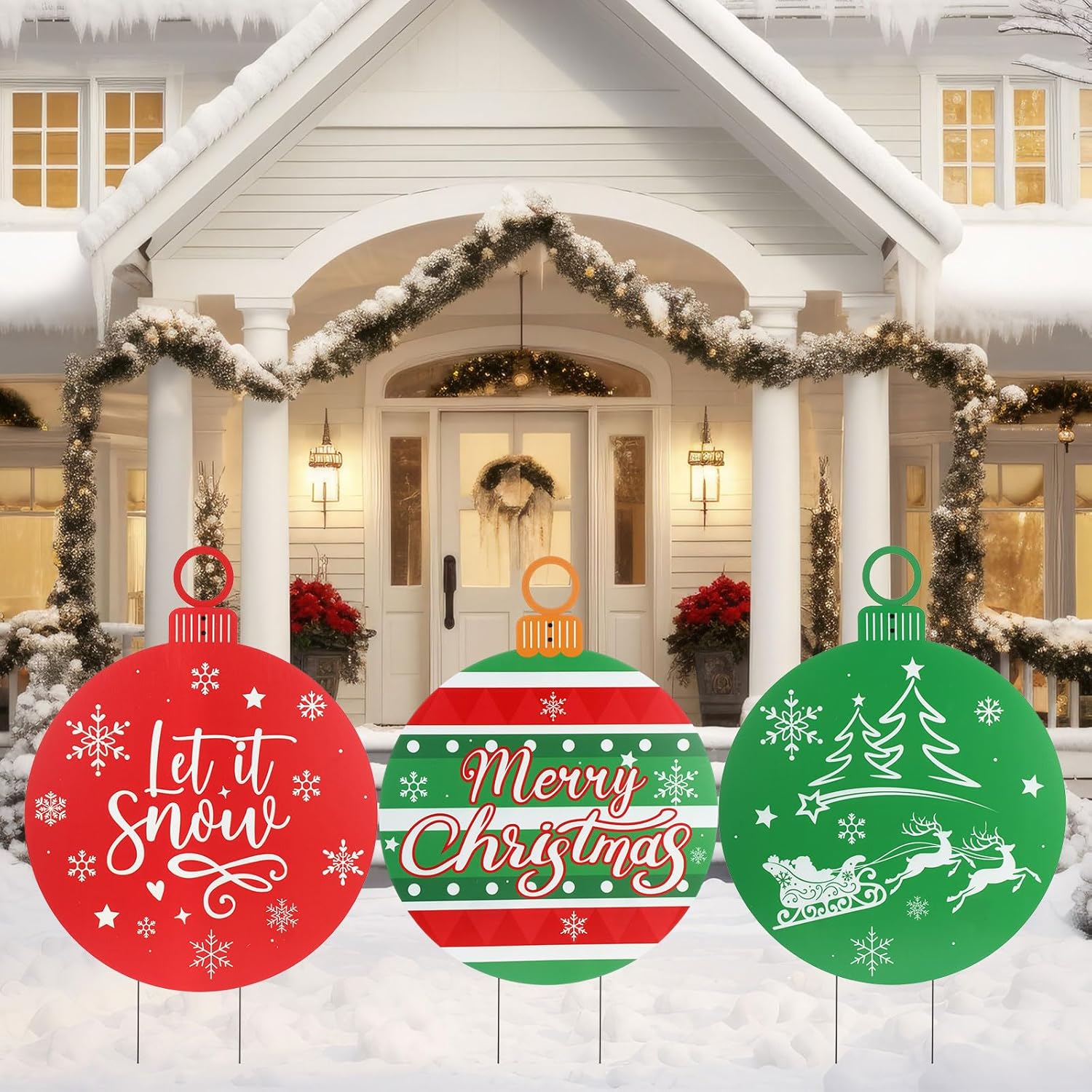 3 pack christmas yard sign red green with 38.5 inch metal stakes double sided xmas outdoor signs holiday ornament for front yard garden lawn winter christmas new year