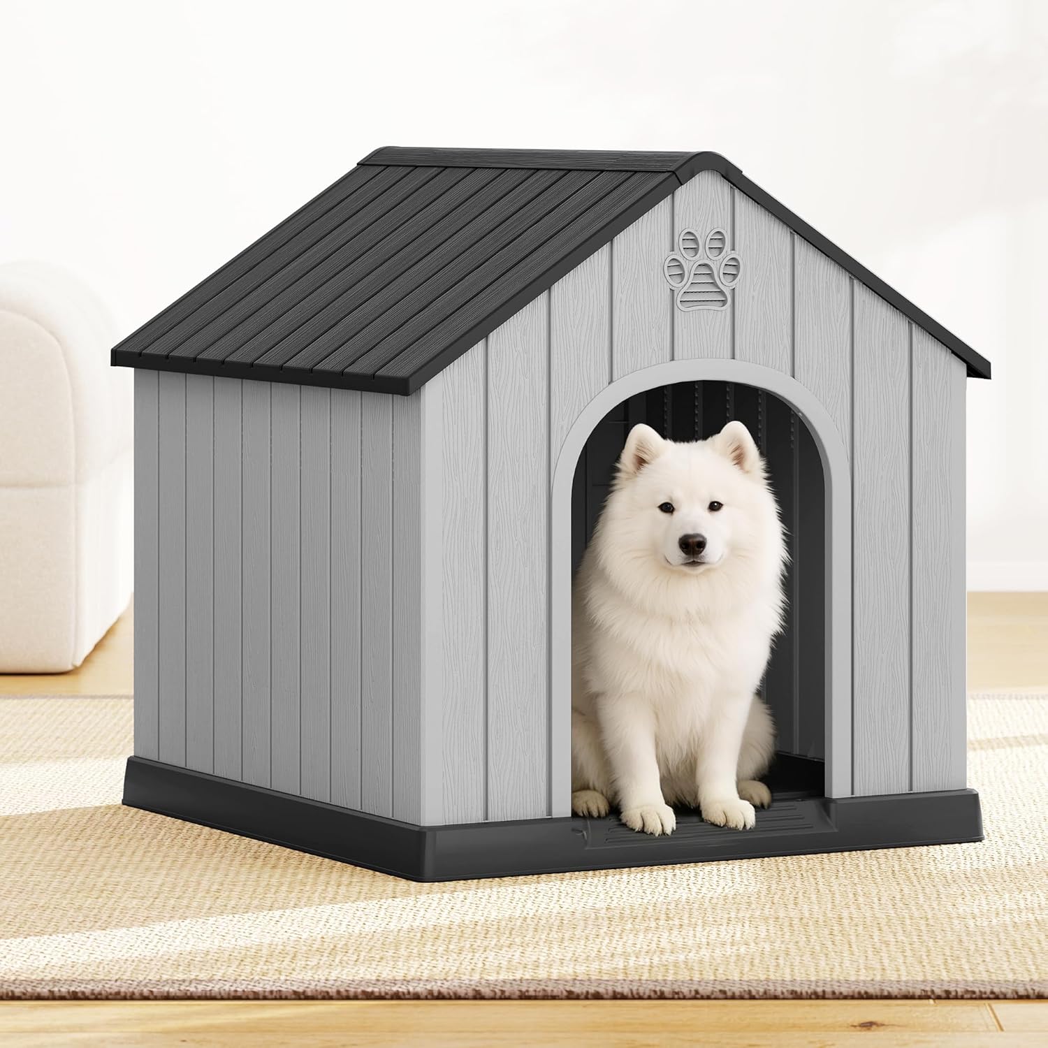 Fancyango Large Dog House Outdoor Indoor for Medium Large Dogs, Durable Plastic Waterproof Doghouse with Air Vents and Elevated Floor, Easy Clean and Assemble (Black, 36.2''L×38''W×38''H)