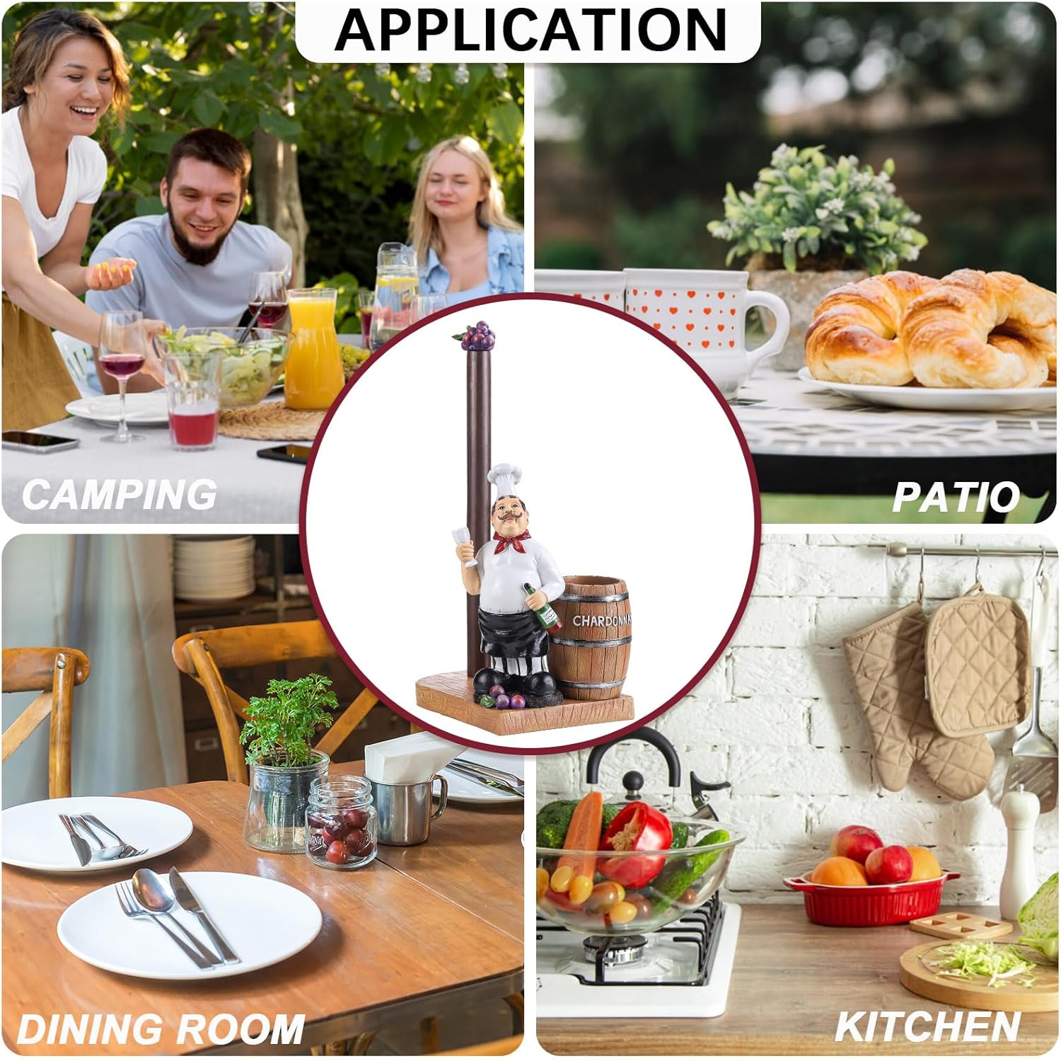 Chef Paper Towel Holder with Wine Barrel, Decorative Kitchen Paper Towel Stand with Wooden Base, European Style Design (IAT-D2514)