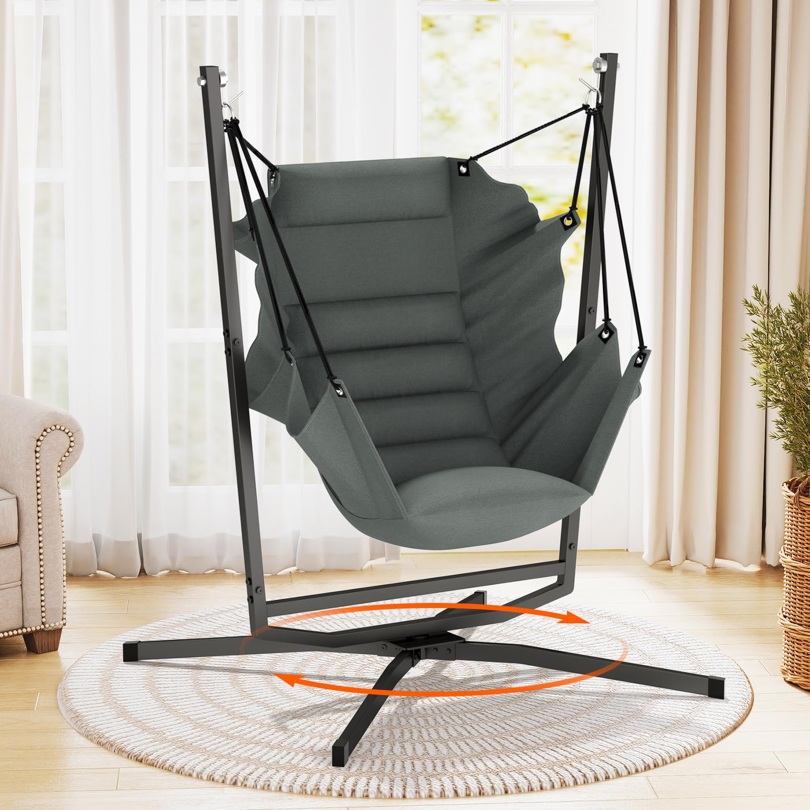 Fauteuil suspendu avec coussin, charge maximale de 180 kg, avec structure, pivotant à 360°, pour l'intérieur et l'extérieur, pour chambre à coucher, terrasse, véranda, terrasse, jardin, balcon (gris)