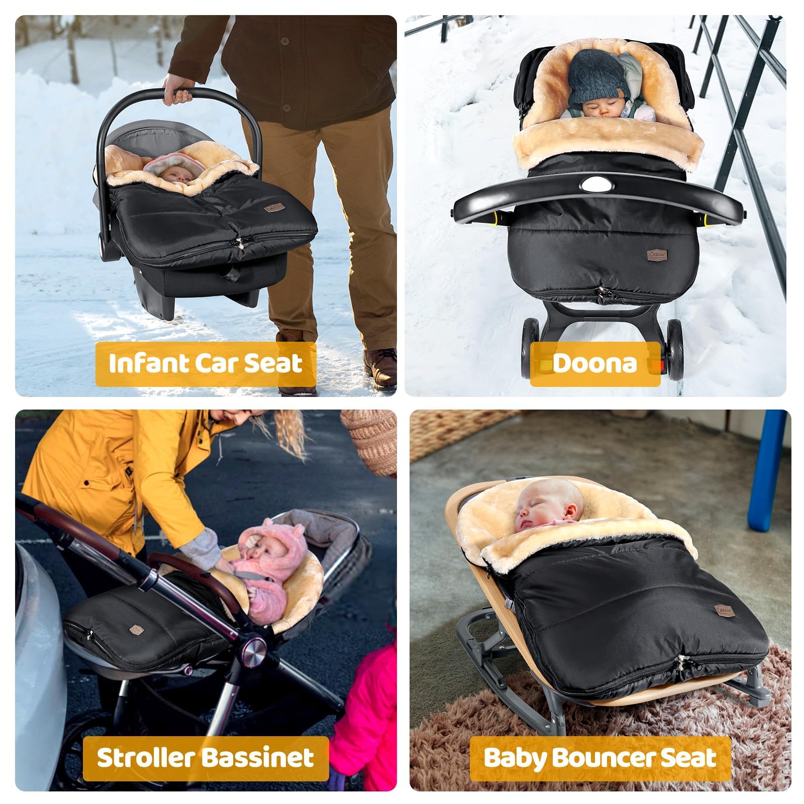 Orzbow Chanceliere Bebe Cosy, Réglable Nid D'ange Bebe Cosy avec Fermeture Éclair, Accès Facile, Imperméable Nid Dange Siege Auto avec Tissu Éponge, Chaud Imitation Laine Polaire, Noir Élégant
