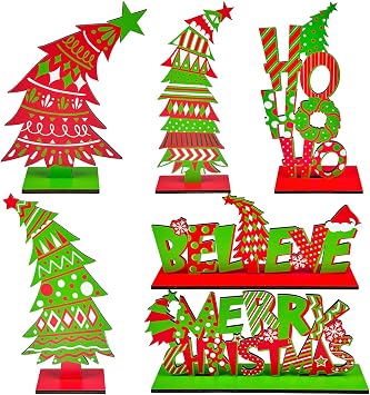 Cinrobiye 6 Pcs Christmas Table Decorations, Red Green Whoville Crooked Christmas Tree Centerpieces Farmhouse Wood Xmas Tabletop Xmas Signs for Home Mantel Fireplace Holiday Party Supplies Decor